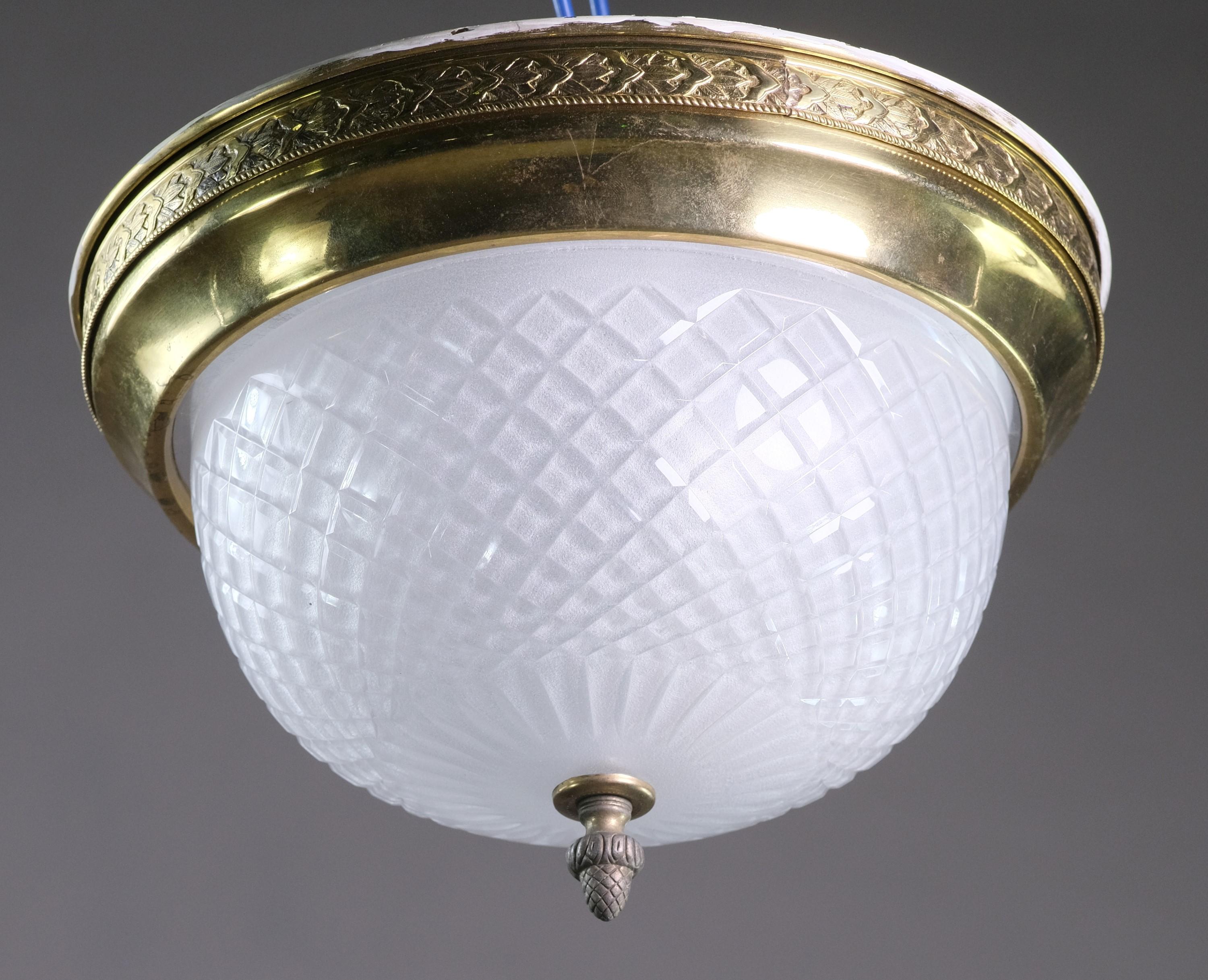 Etched Waldorf Astoria Hotel Frosted Cut Glass Flush Mount Light with Acorn Finial For Sale