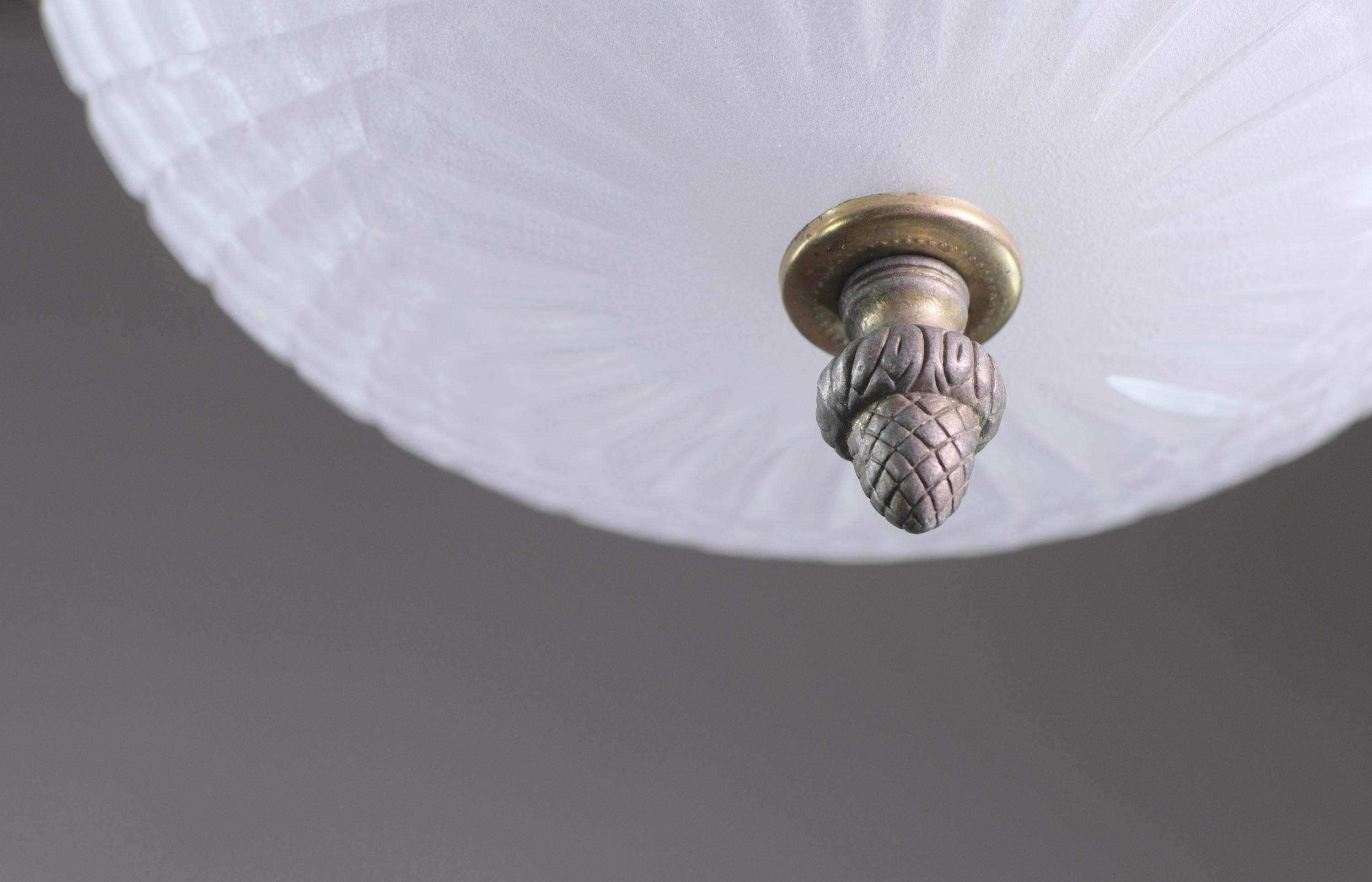 Brass Waldorf Astoria Hotel Frosted Cut Glass Flush Mount Light with Acorn Finial For Sale