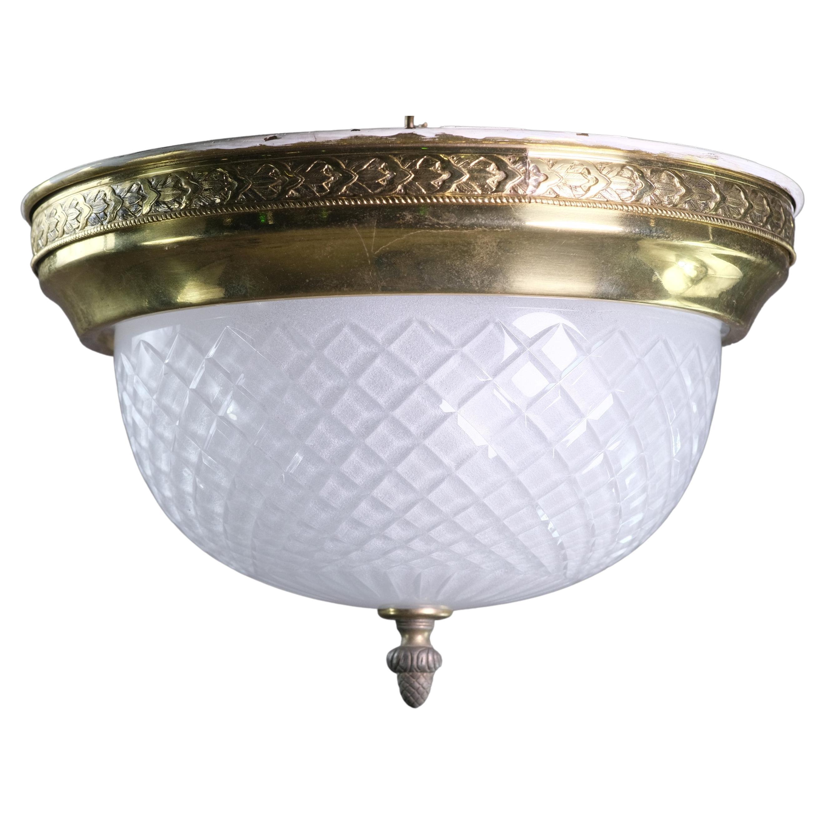 Waldorf Astoria Hotel Frosted Cut Glass Flush Mount Light with Acorn Finial For Sale