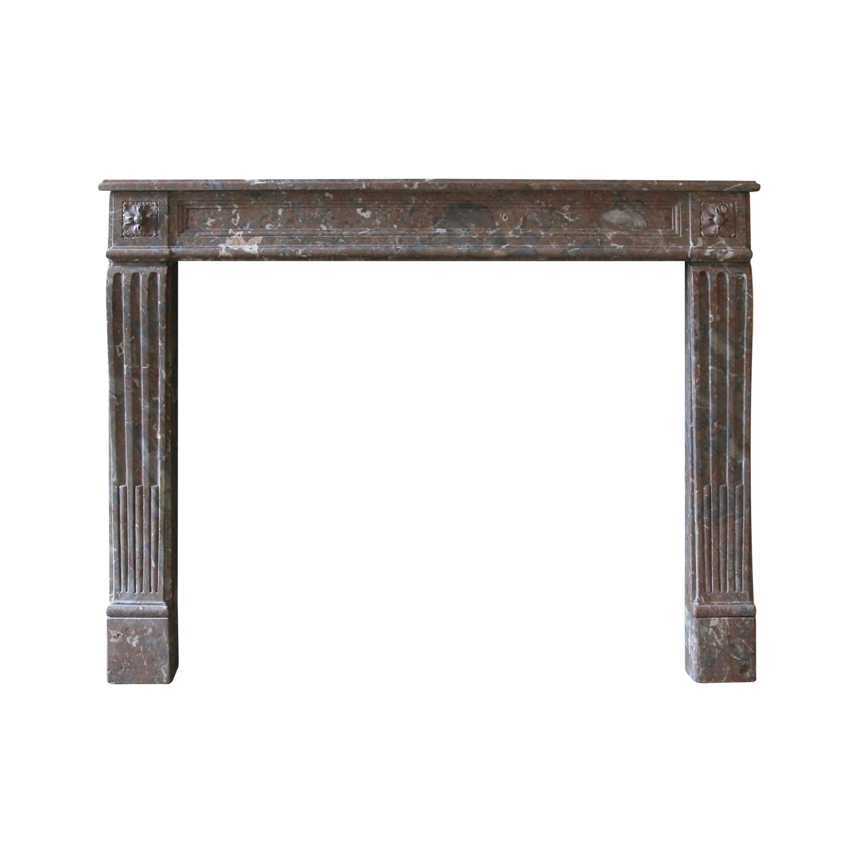 Crafted during the 19th Century in the style of Louis XVI French Regency, this marble mantel showcases a unique blend of brown, gray, and white veined marble. Its design features subtle yet timeless floral motifs, while fluted carvings grace the