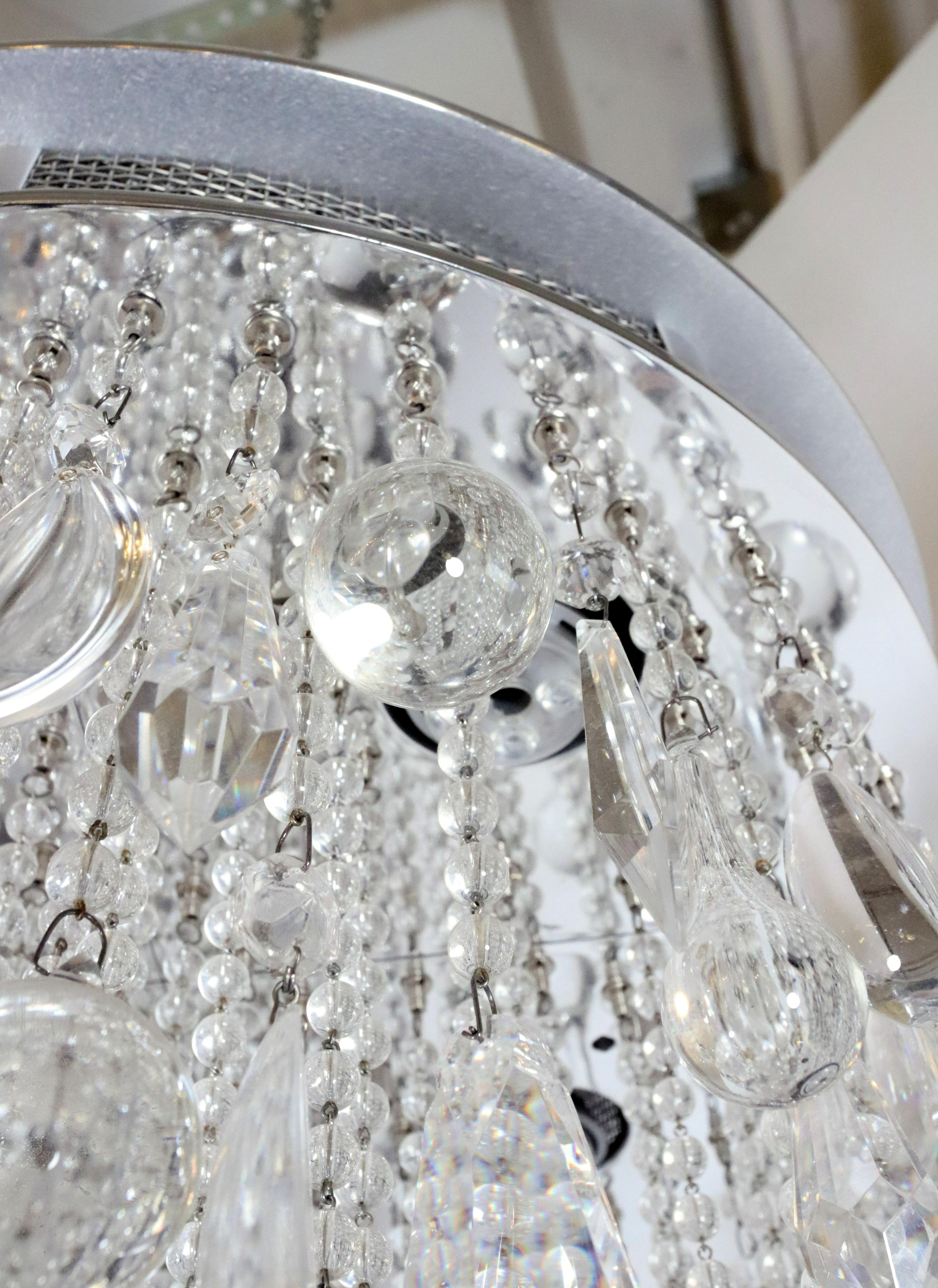 Métal Lustre Waldorf Astoria à cristaux ronds en nickel satiné en vente