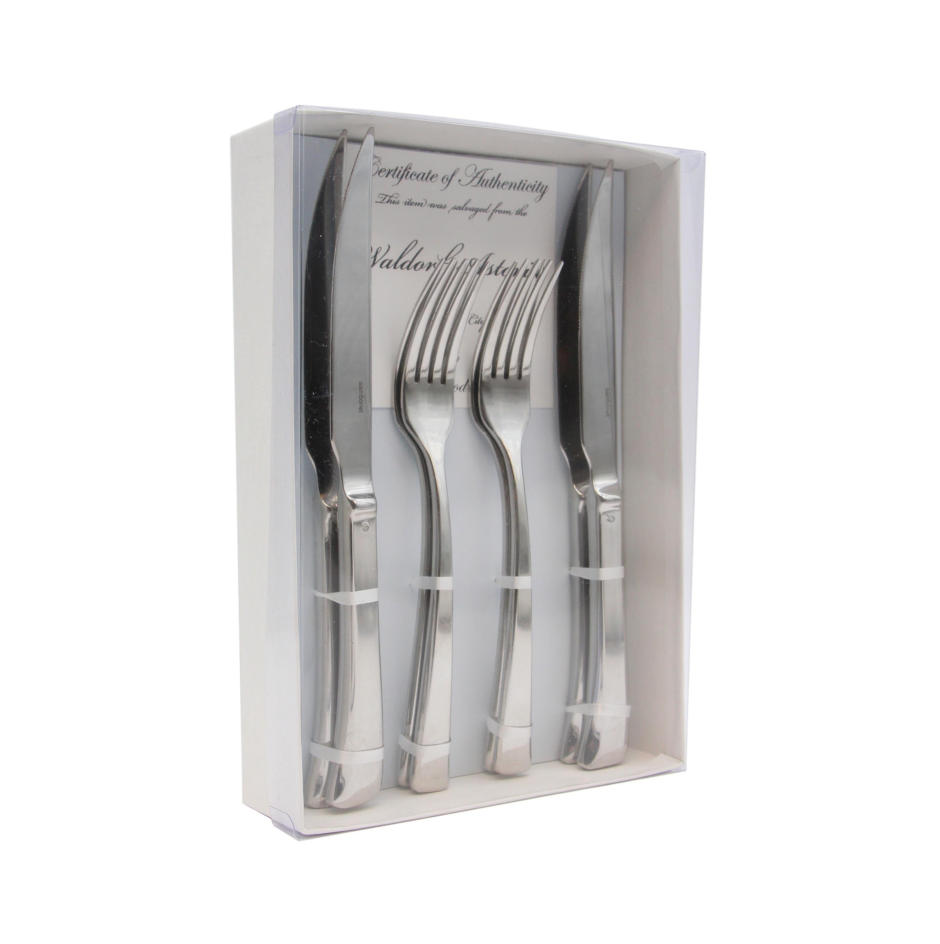 High quality stainless steel used dinner knife and dinner fork flatware gift set. Made by Sambonet in their Imagine style. These pieces were used in the La Chin restaurant of the Waldorf Astoria Hotel on Park Ave in NYC. This set includes a Waldorf