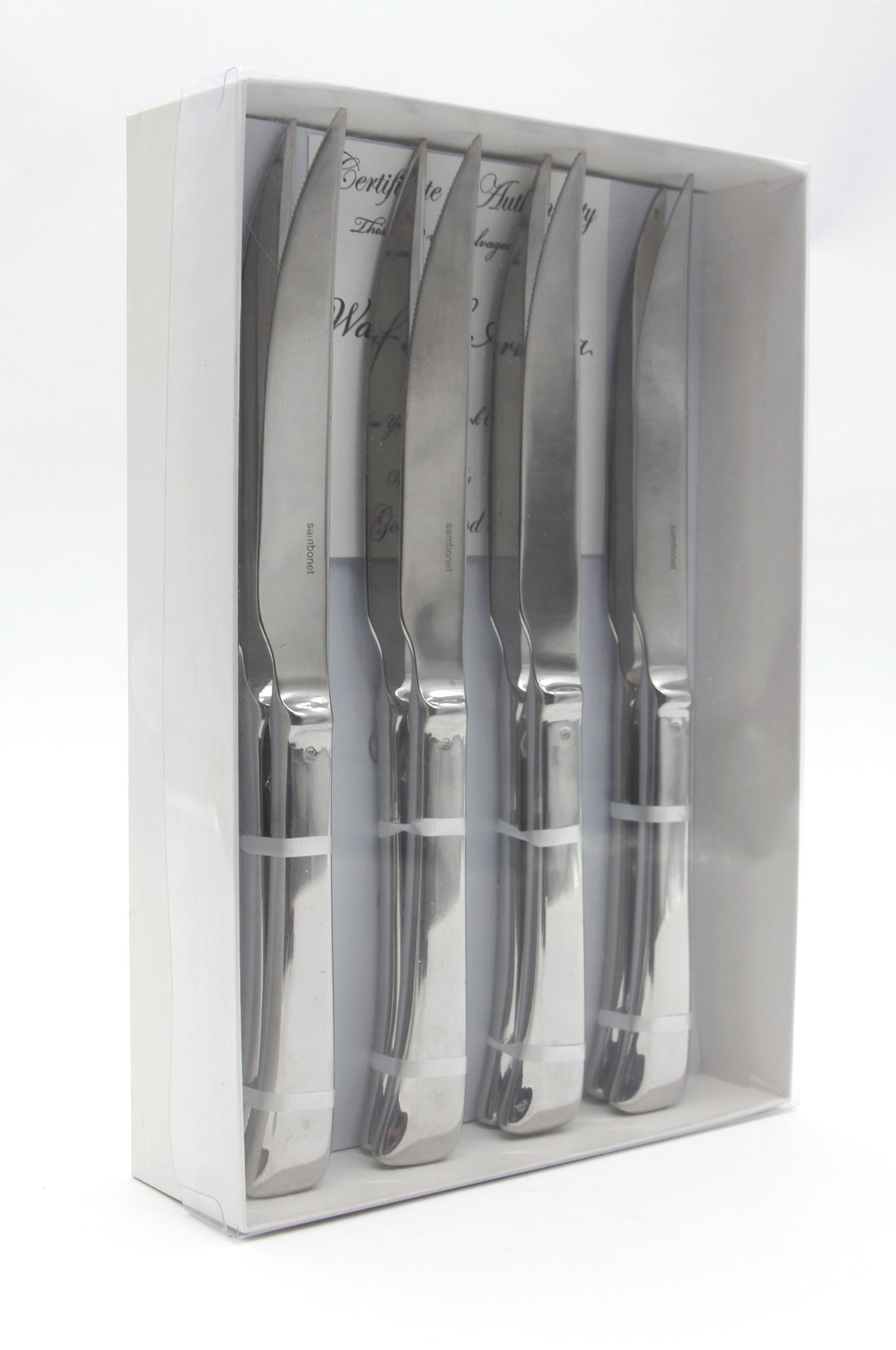 High quality stainless steel used steak knife flatware gift set. Made by Sambonet in their Imagine style. These pieces were used in one of the Waldorf Astoria Towers restaurants. This set includes a Waldorf Astoria authenticity card in the box and