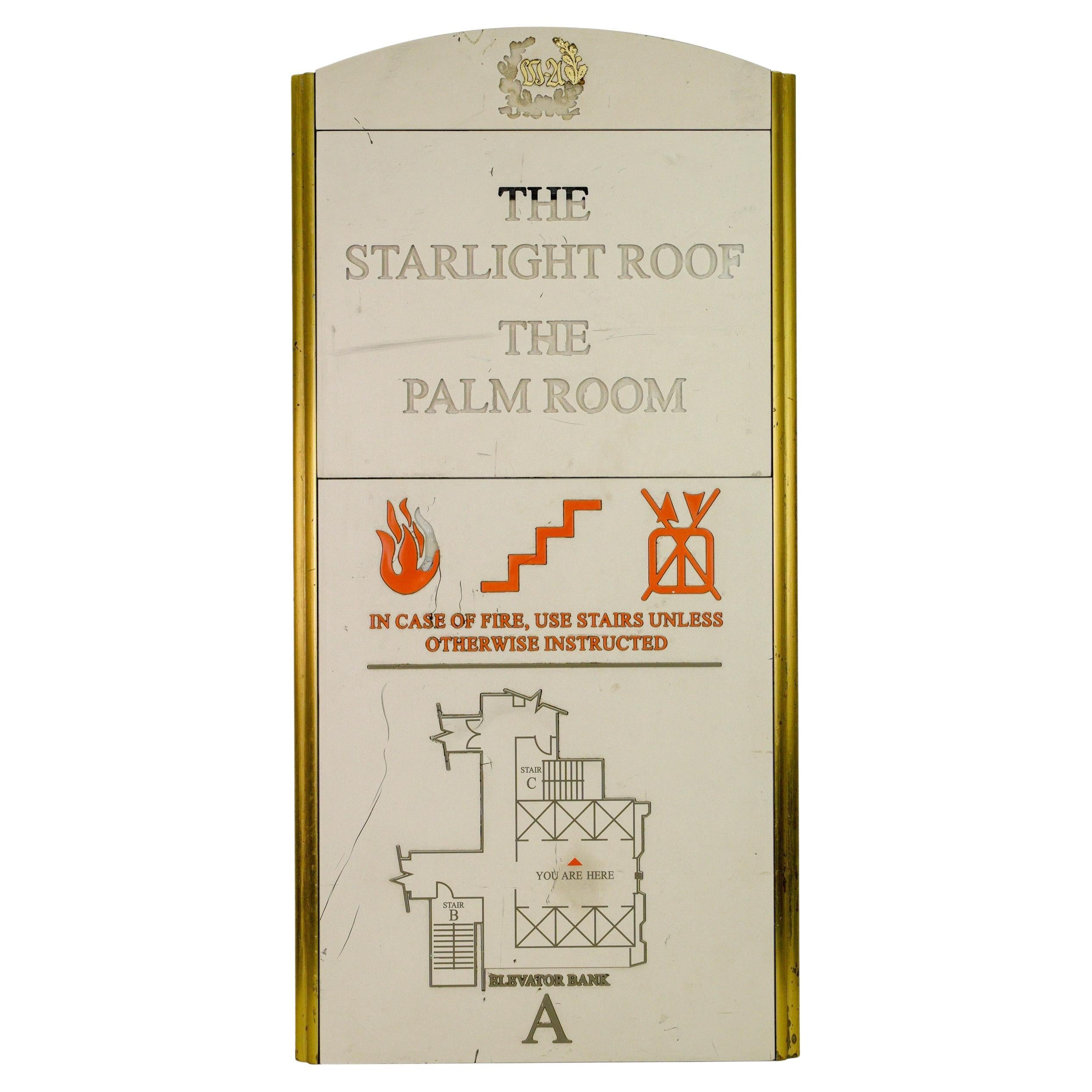 Waldorf Astoria Starlight Roof Palm Court Fire Safety Sign For Sale