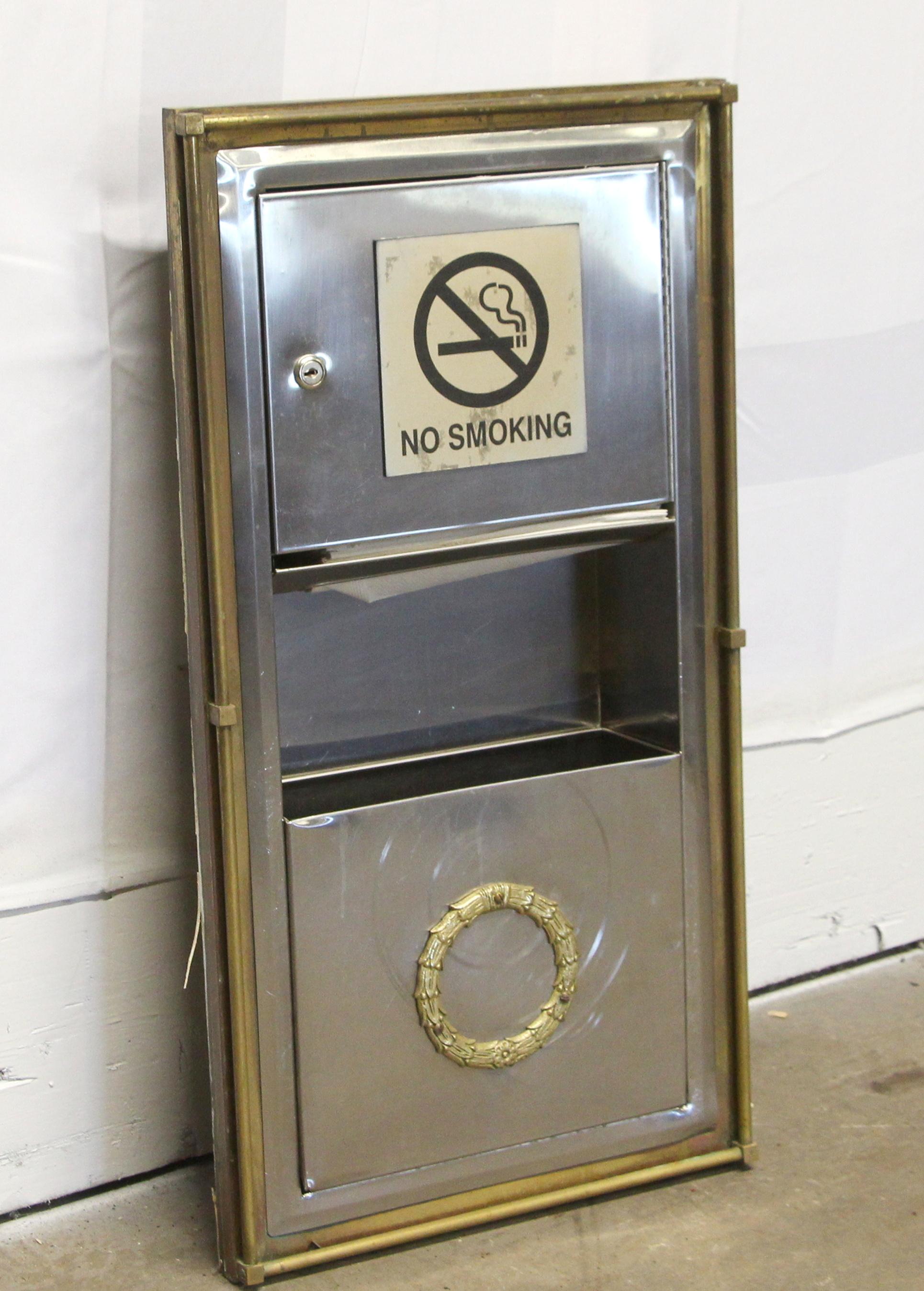 From the world famous Waldorf Astoria, this steel paper towel station and waste bin has original brass details and is adorned with the Waldorf wreath motif. Waldorf Astoria authenticity card included with purchase.  This can be seen at our 302