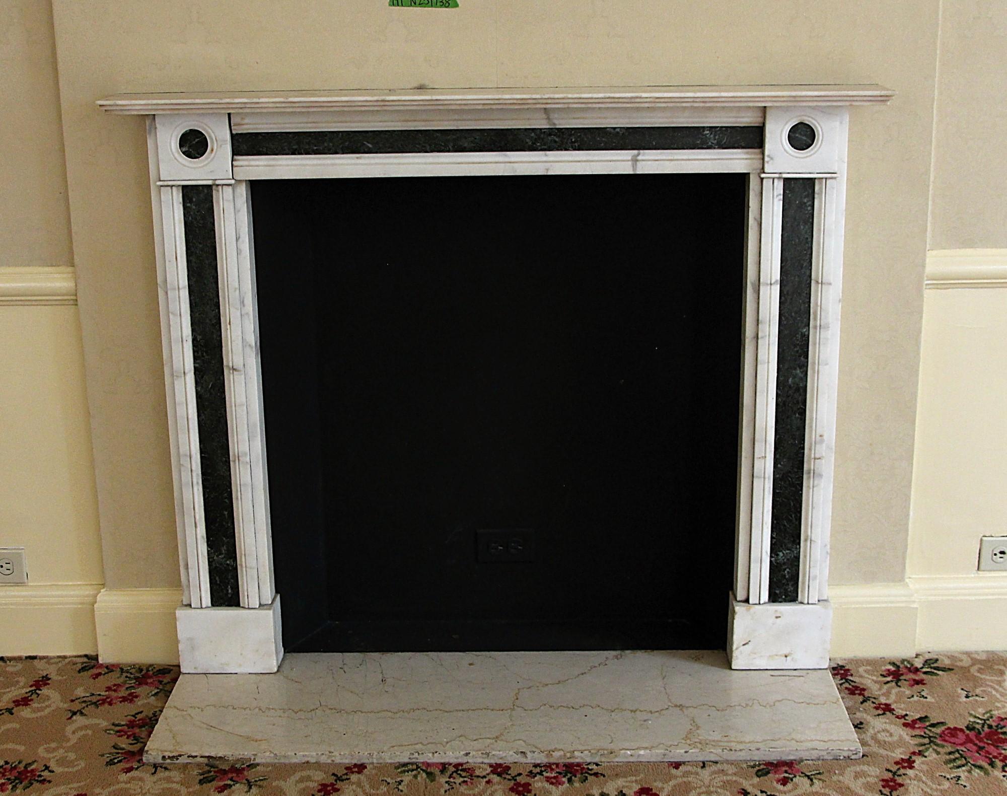 French Waldorf Astoria Hotel White + Verde Antico Marble Mantel For Sale