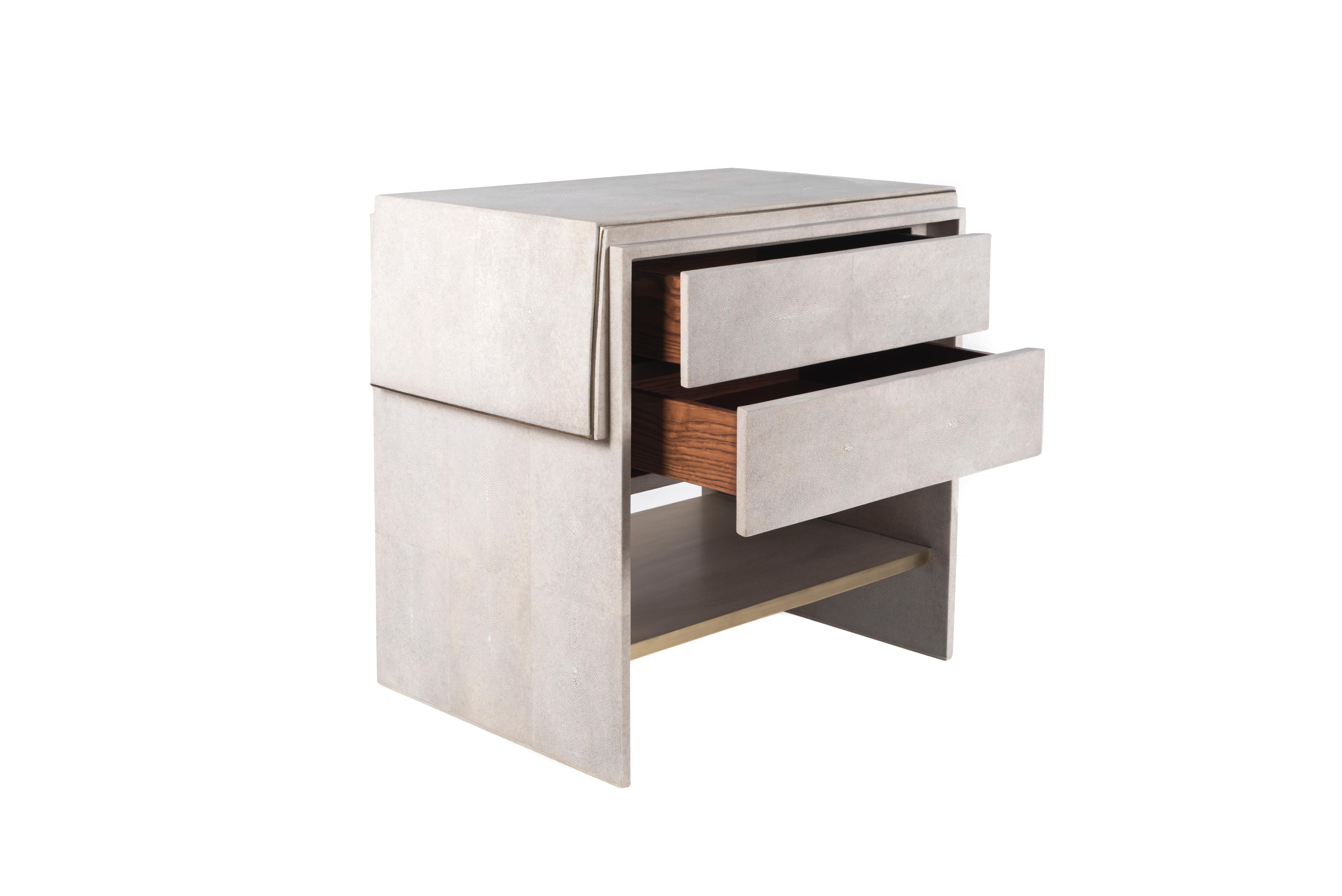 French Waldorf Bedside Table in Cream Shagreen and Bronze Patina Brass by R&Y Augousti For Sale