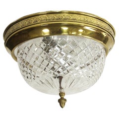 Vintage Waldorf Cut Crystal Flush Mount w Decorative Brass Rim