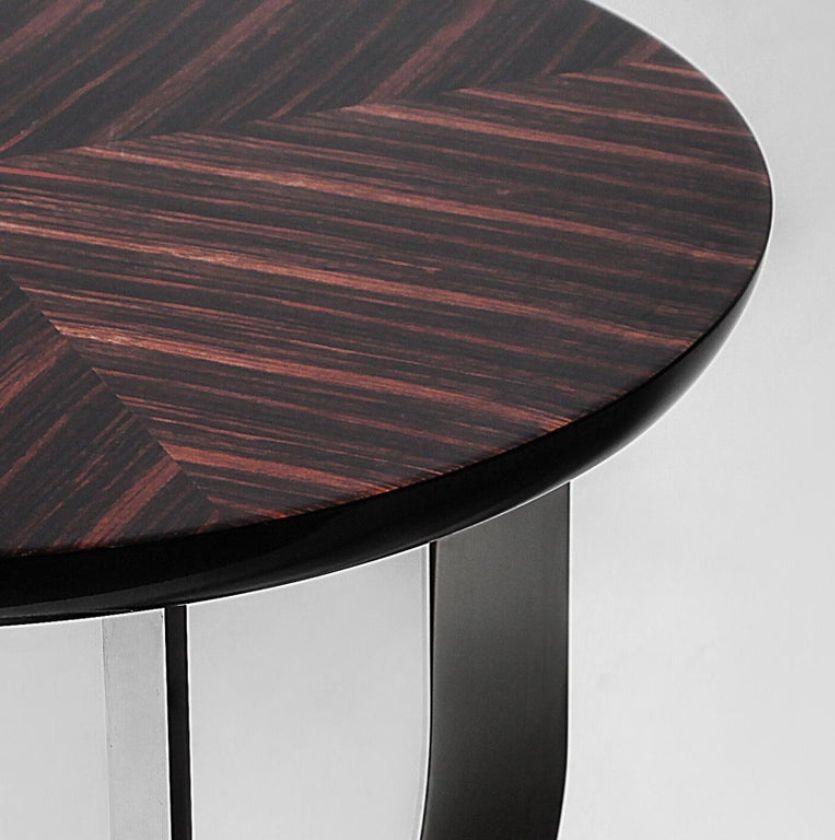 Art déco Table d'appoint Waldorf avec plateau en macassar et base en acier inoxydable en vente