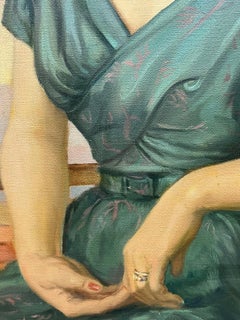 Mid 20th Century British Portrait of Lady in Green Dress Signed Large Oil