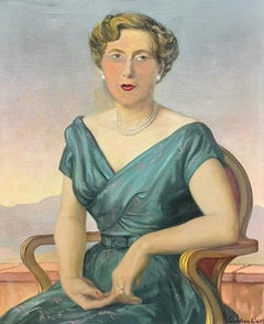 Portrait britannique du milieu du 20e siècle d'une femme en robe verte signée, grande huile 