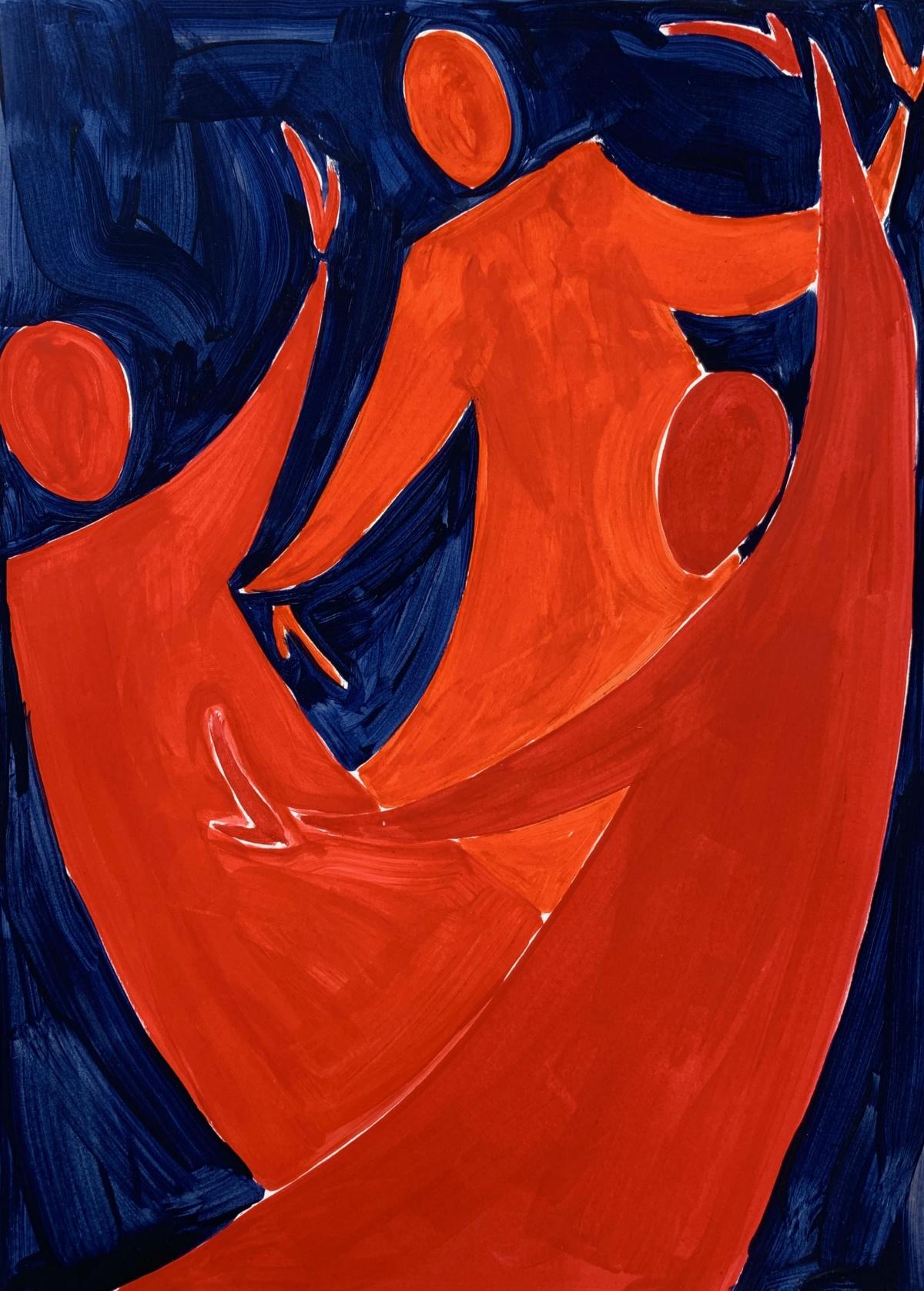 Une danse - Peinture figurative sur papier, jeune art, colorée, vibrante