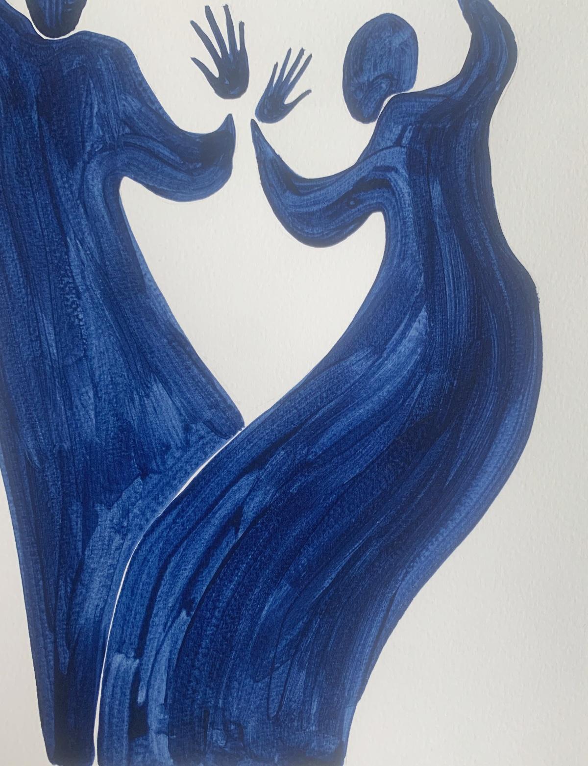 Pintura figurativa en acrílico sobre papel de la joven artista profesional europea Waleria Matelska. Las ilustraciones son minimalistas y compuestas con formas sintetizadas. La pintura es de un azul vibrante. La composición representa a dos figuras