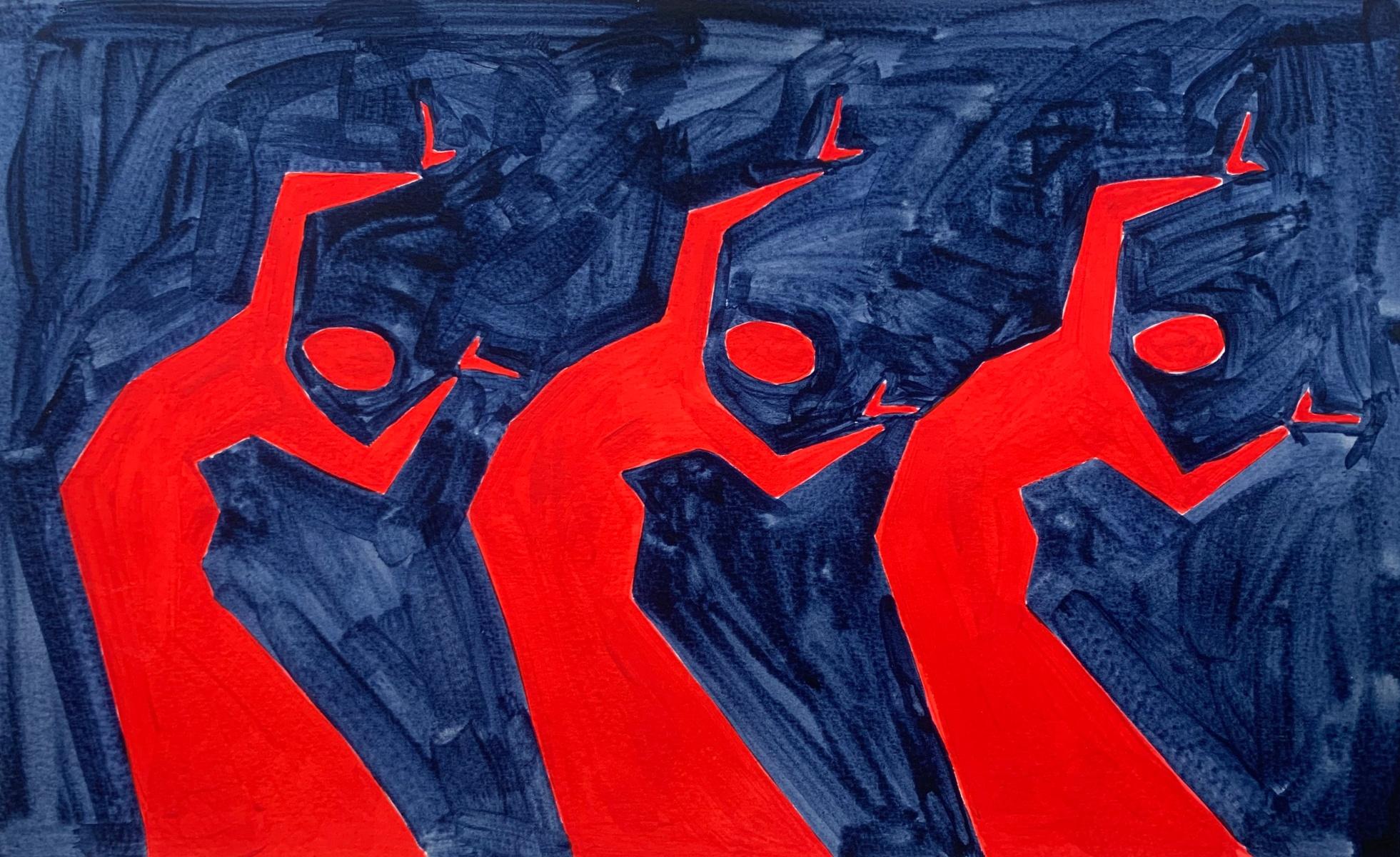 Figurative Painting de Waleria Matelska - Un baile. Pintura figurativa sobre papel, Arte joven, Vibrante, Arte europeo