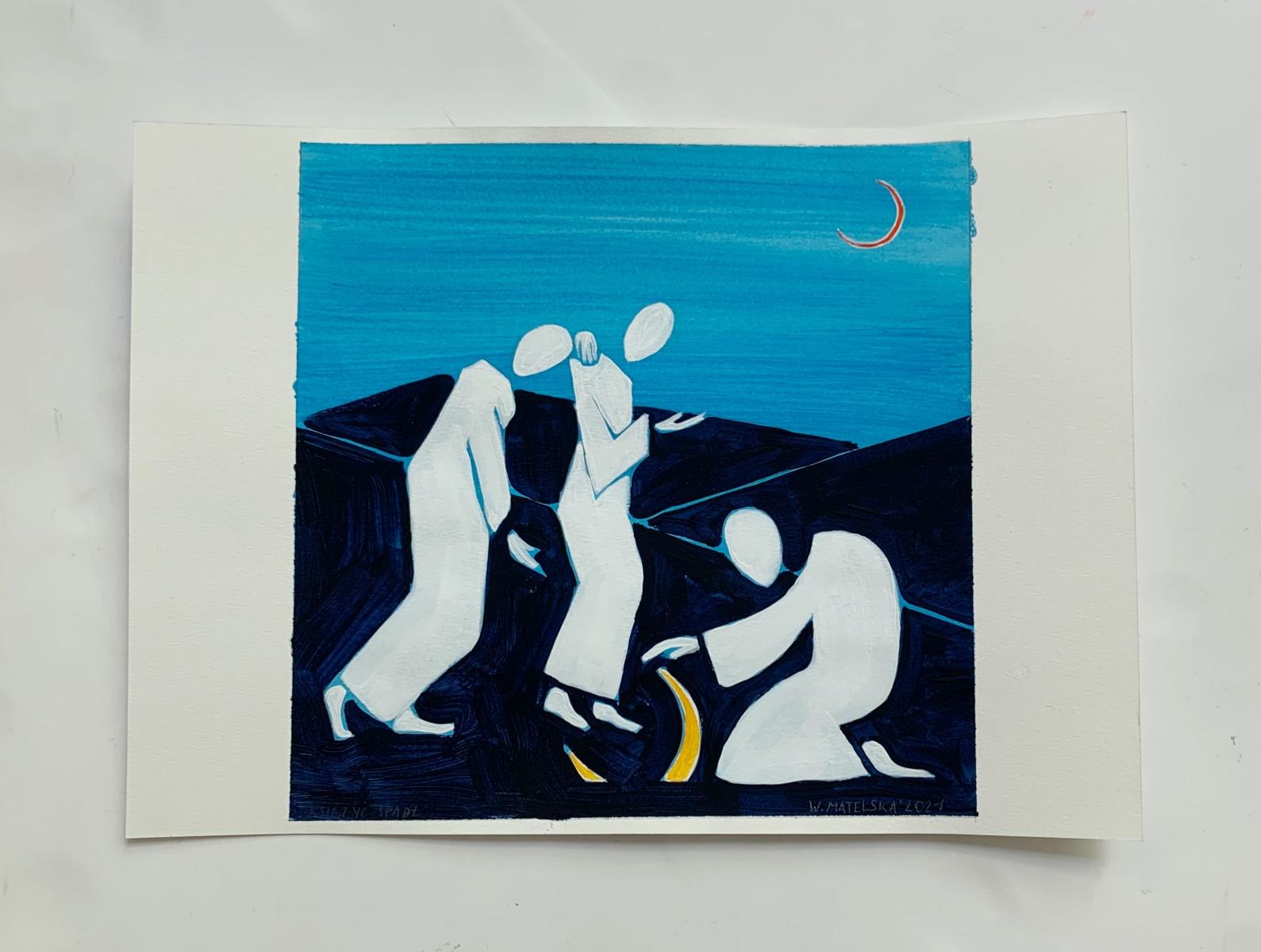 Una luna è caduta - Pittura figurativa su carta, Arte giovane, Colorata, Vibrante - Painting di Waleria Matelska