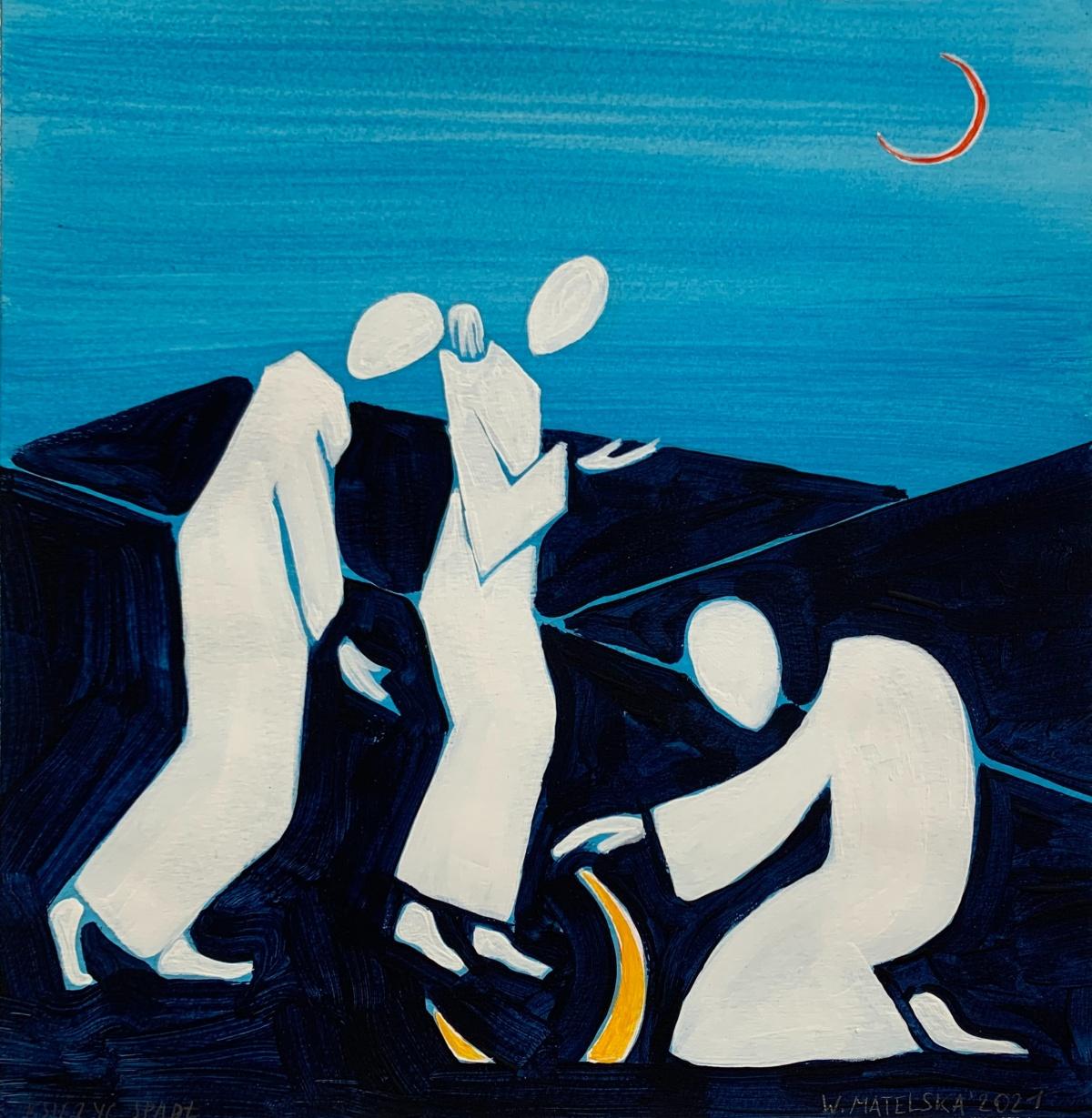 Abstract Painting di Waleria Matelska - Una luna è caduta - Pittura figurativa su carta, Arte giovane, Colorata, Vibrante