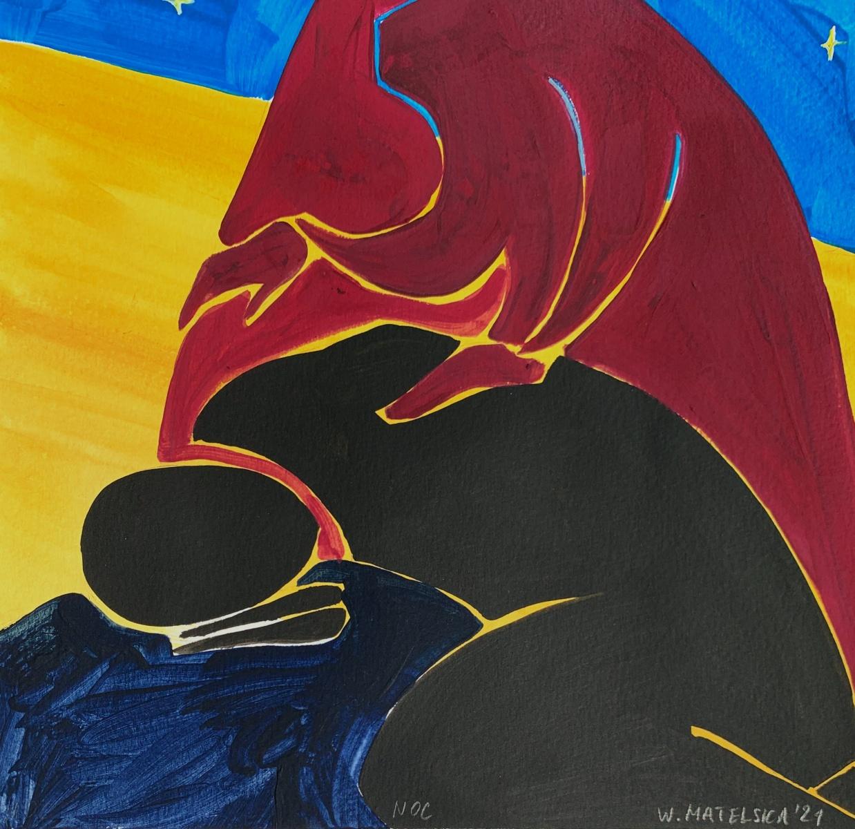 Una notte - Pittura figurativa su carta, Arte giovane, Minimalismo, Vibrante - Painting di Waleria Matelska