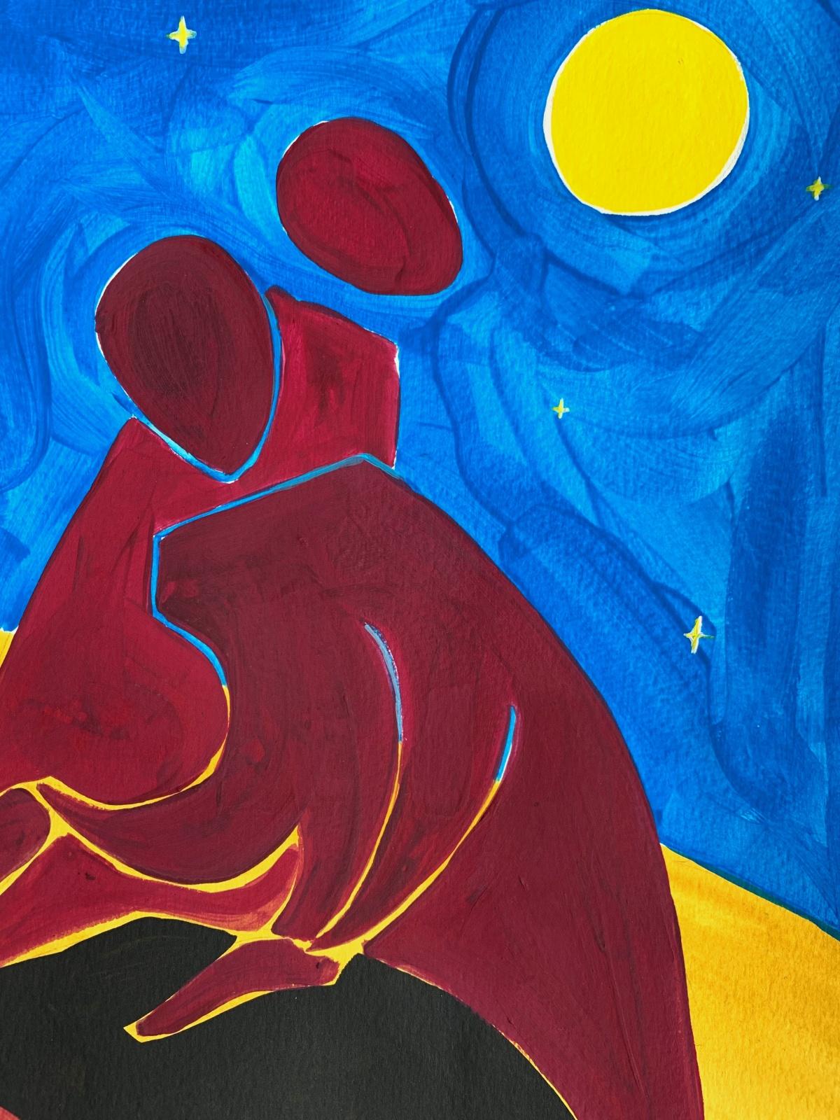Una notte - Pittura figurativa su carta, Arte giovane, Minimalismo, Vibrante - Painting Contemporaneo di Waleria Matelska