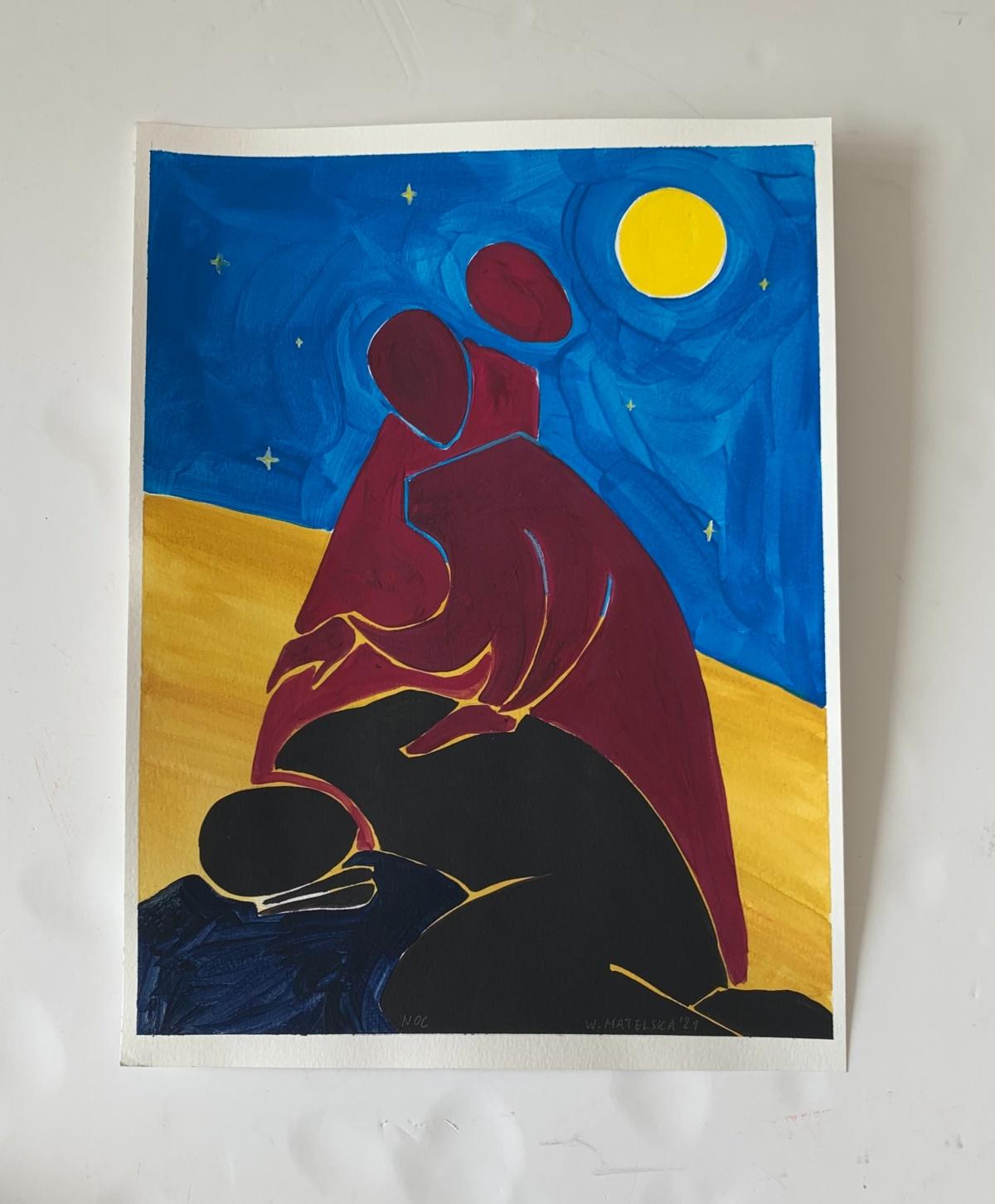 Una notte - Pittura figurativa su carta, Arte giovane, Minimalismo, Vibrante - Abstract Painting Nero di Waleria Matelska