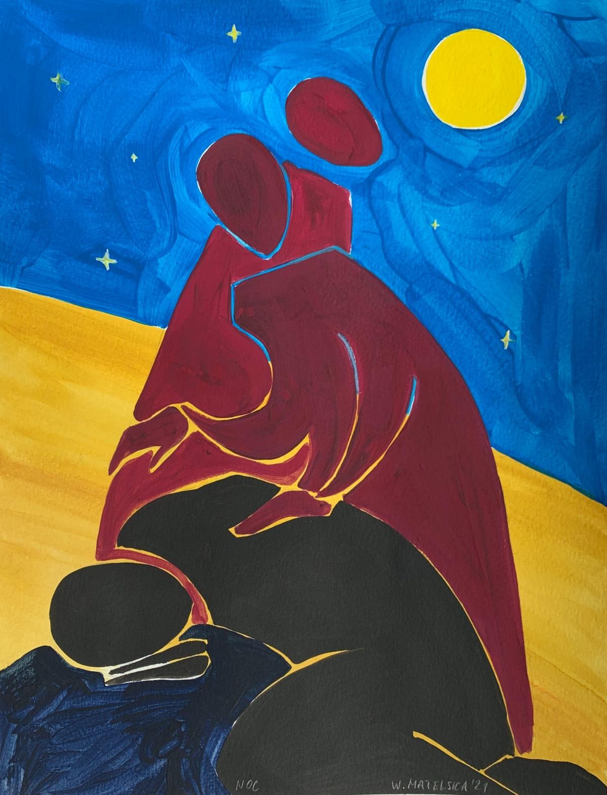 A night - Figurative Painting on Paper, Young art, Minimalism, Vibrant 