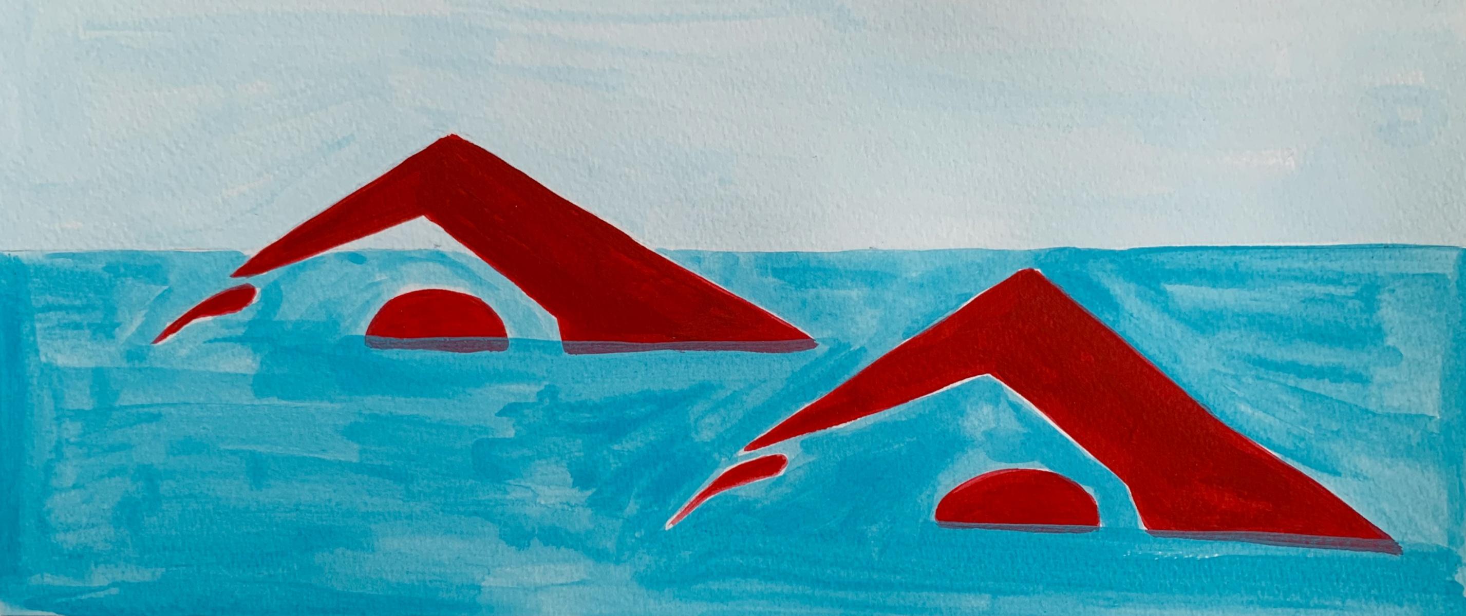 Figurative acrylic on paper painting by young professional European artist Waleria Matelska. Artwork is minimalist and composed with synthesized shapes. Painting is vibrant- main colors are red and blue. There are two figures swimming.

WALERIA