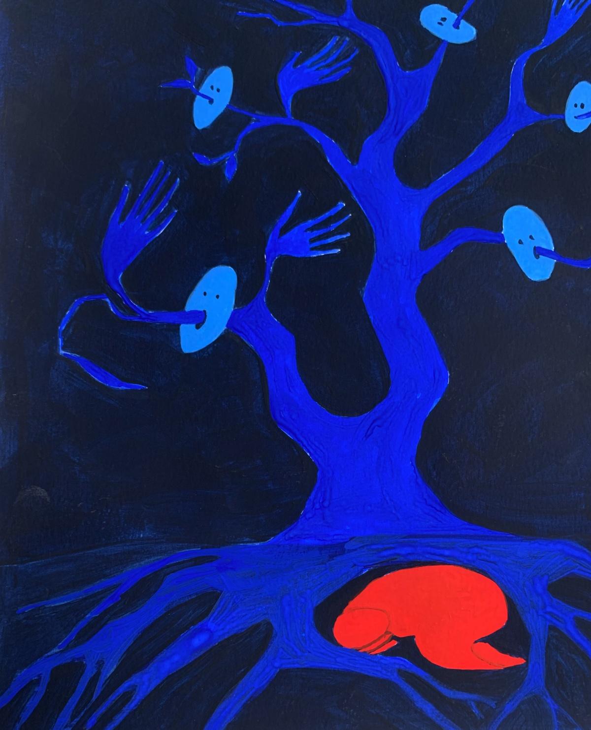 Un refugio. Pintura figurativa sobre papel, Arte joven, Vibrante, Arte europeo - Figurative Painting Negro de Waleria Matelska