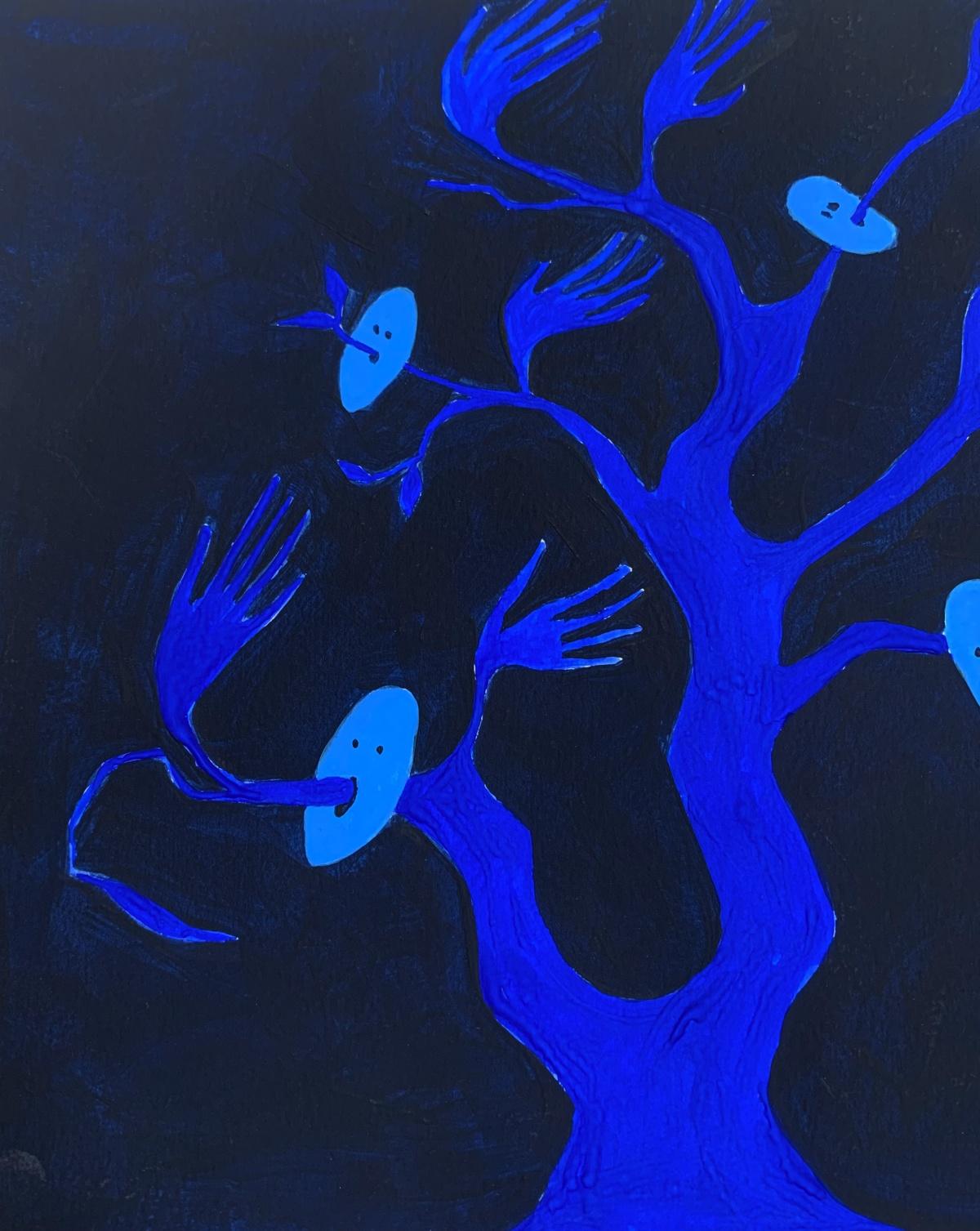 Pintura figurativa al gouache y acrílico sobre papel de la joven artista profesional europea Waleria Matelska. Las ilustraciones son minimalistas y compuestas con formas sintetizadas. La pintura es de color rojo y azul vibrantes. La composición