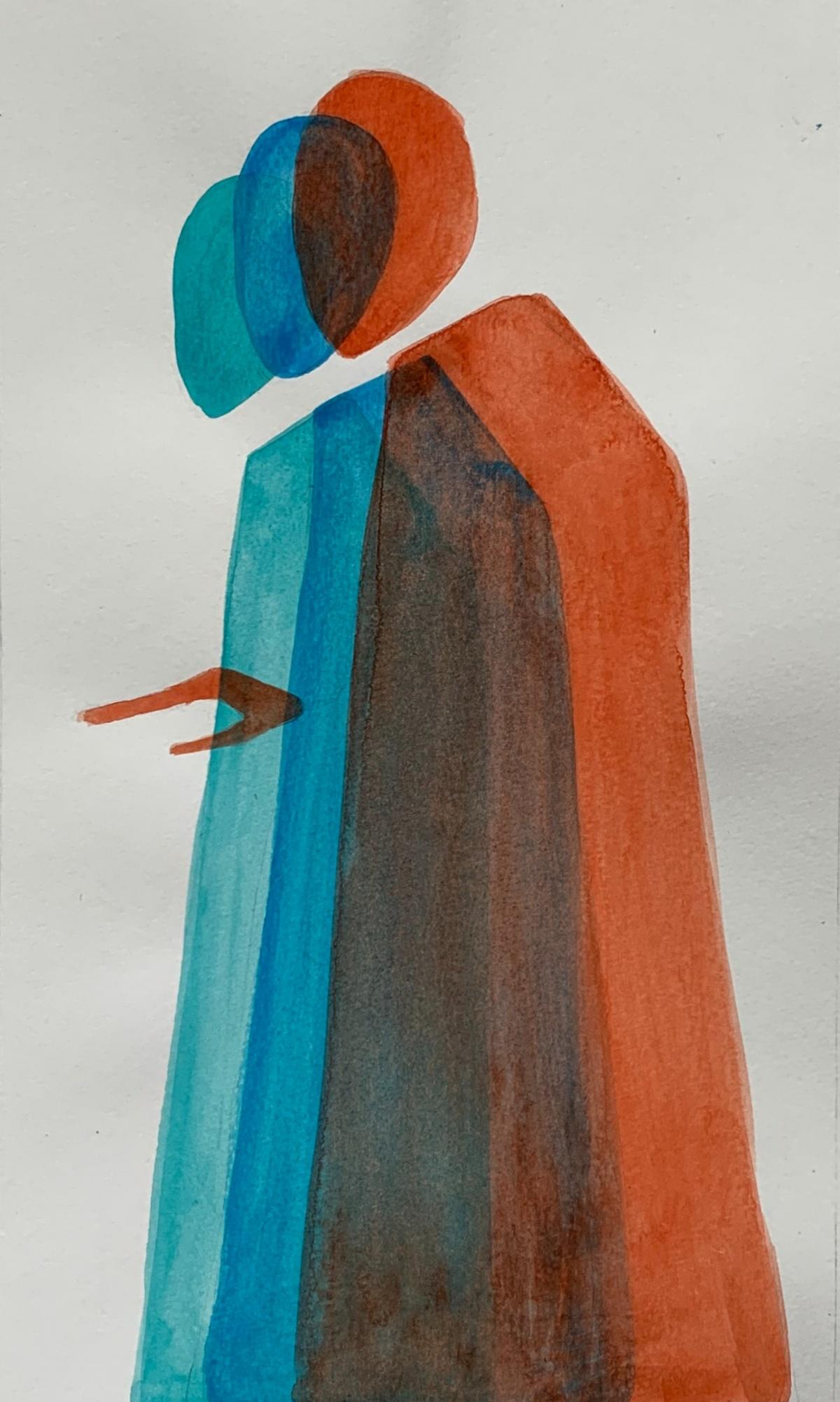 Figurative acrylic on paper painting by young professional European artist Waleria Matelska. Artwork is minimalistic and composed with synthetic shapes. Painting is vibrant- main colors areteal, orange and blue. 

WALERIA MATELSKA (born 1994 in