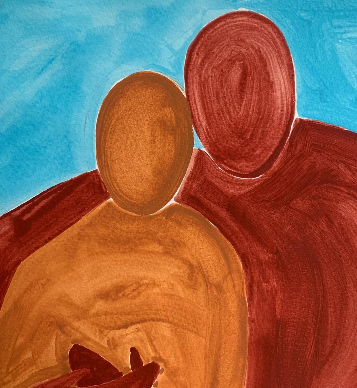 Abrazos. Pintura figurativa sobre papel, Arte joven, Vibrante, Arte europeo - Painting Contemporáneo de Waleria Matelska