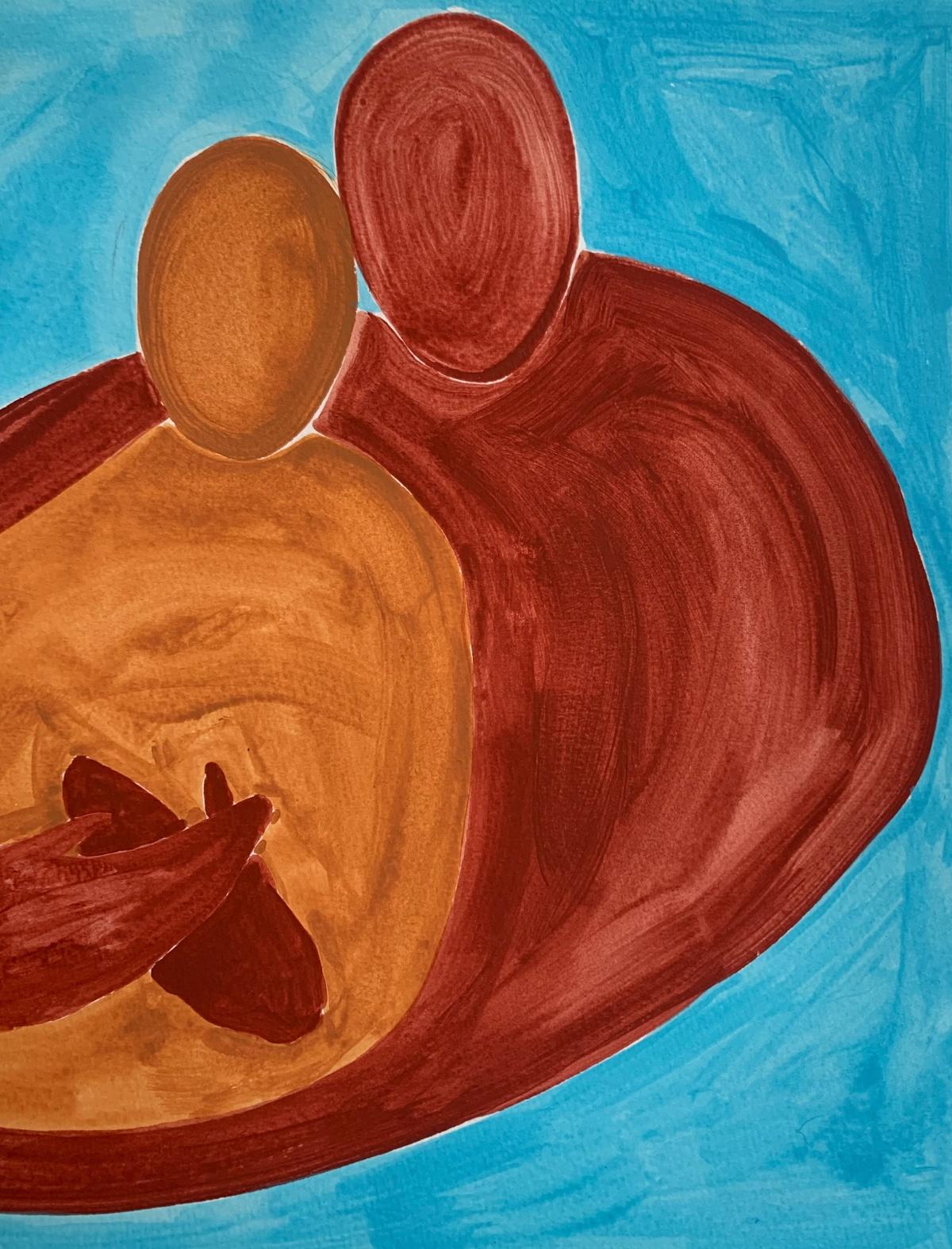 Abrazos. Pintura figurativa sobre papel, Arte joven, Vibrante, Arte europeo - Figurative Painting Marrón de Waleria Matelska