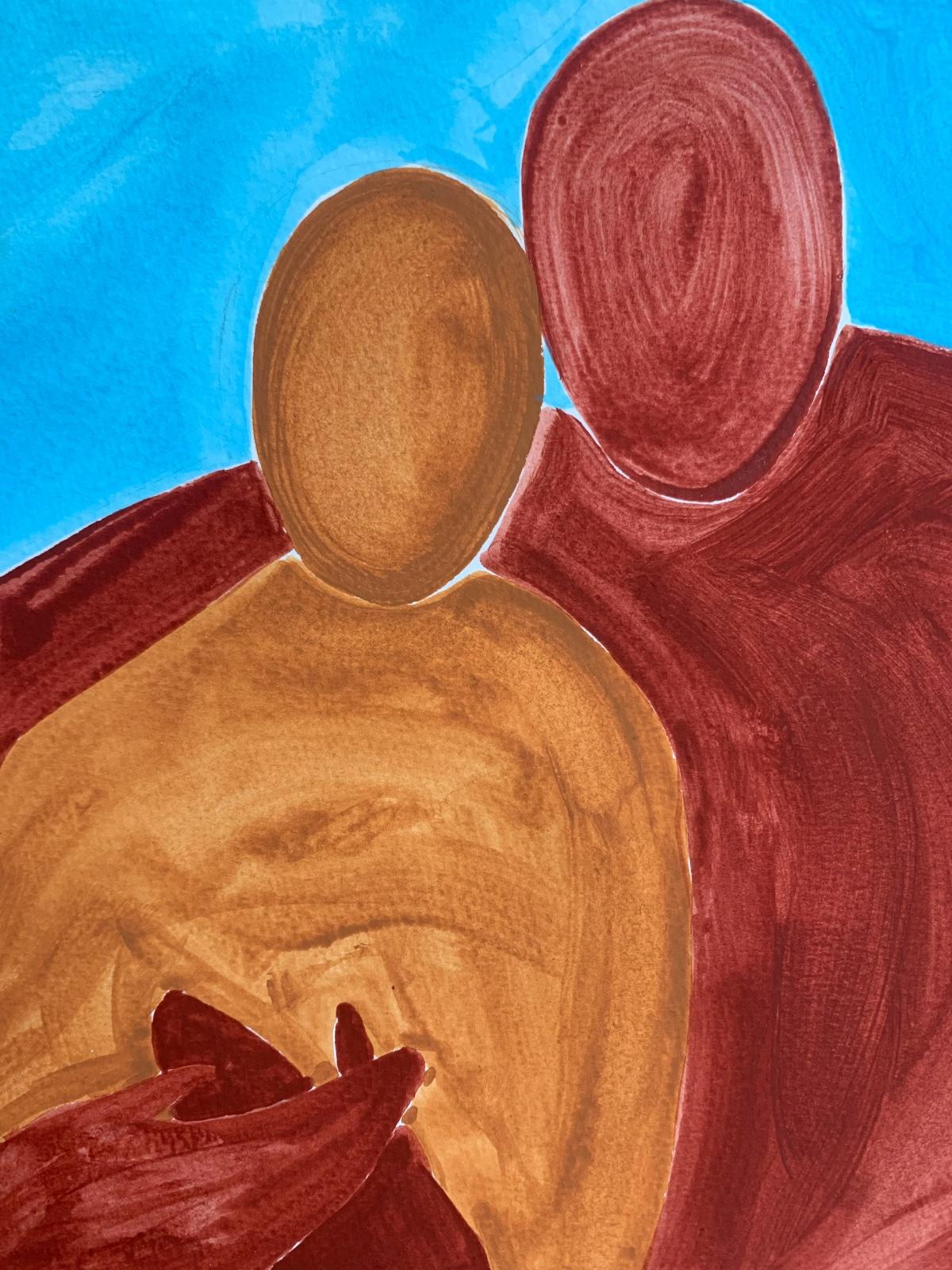 Pintura figurativa en acrílico sobre papel de la joven artista profesional europea Waleria Matelska. Las ilustraciones son minimalistas y compuestas con formas sintetizadas. La pintura es azul y naranja vibrante. La composición representa a dos
