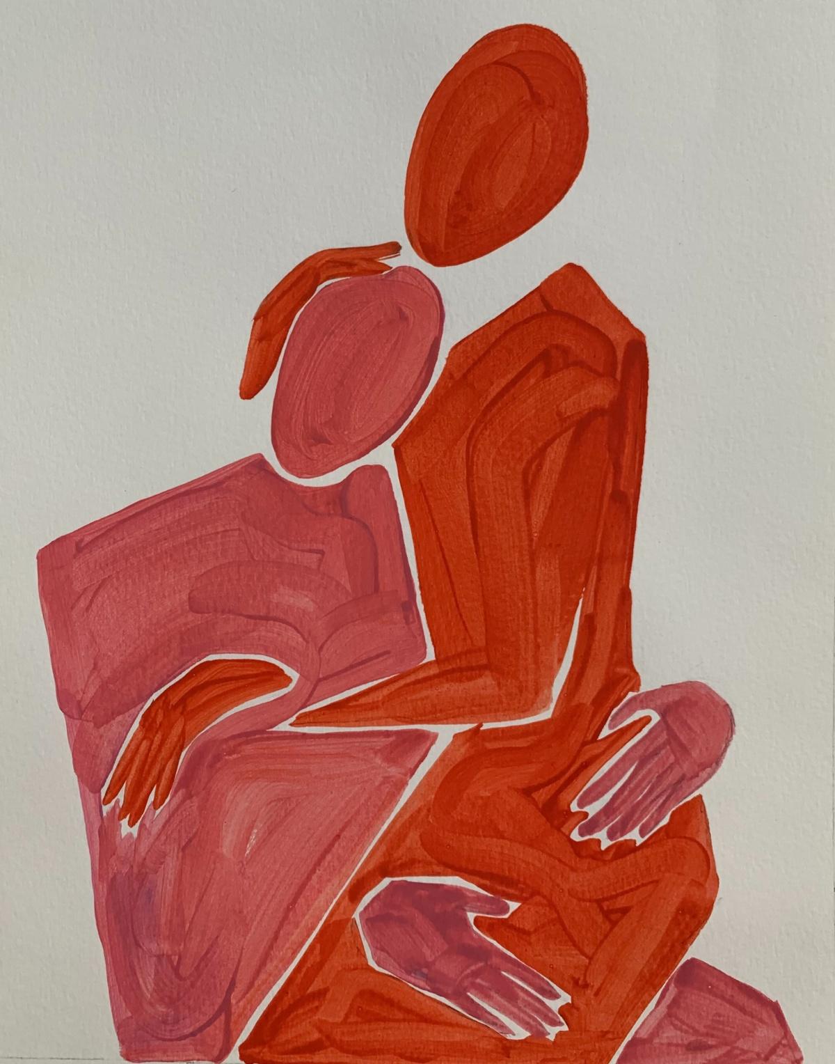 Waleria Matelska Abstract Painting - Figures in embrace - Figurative Painting on Paper, Minimalist, Colorful, Vibrant