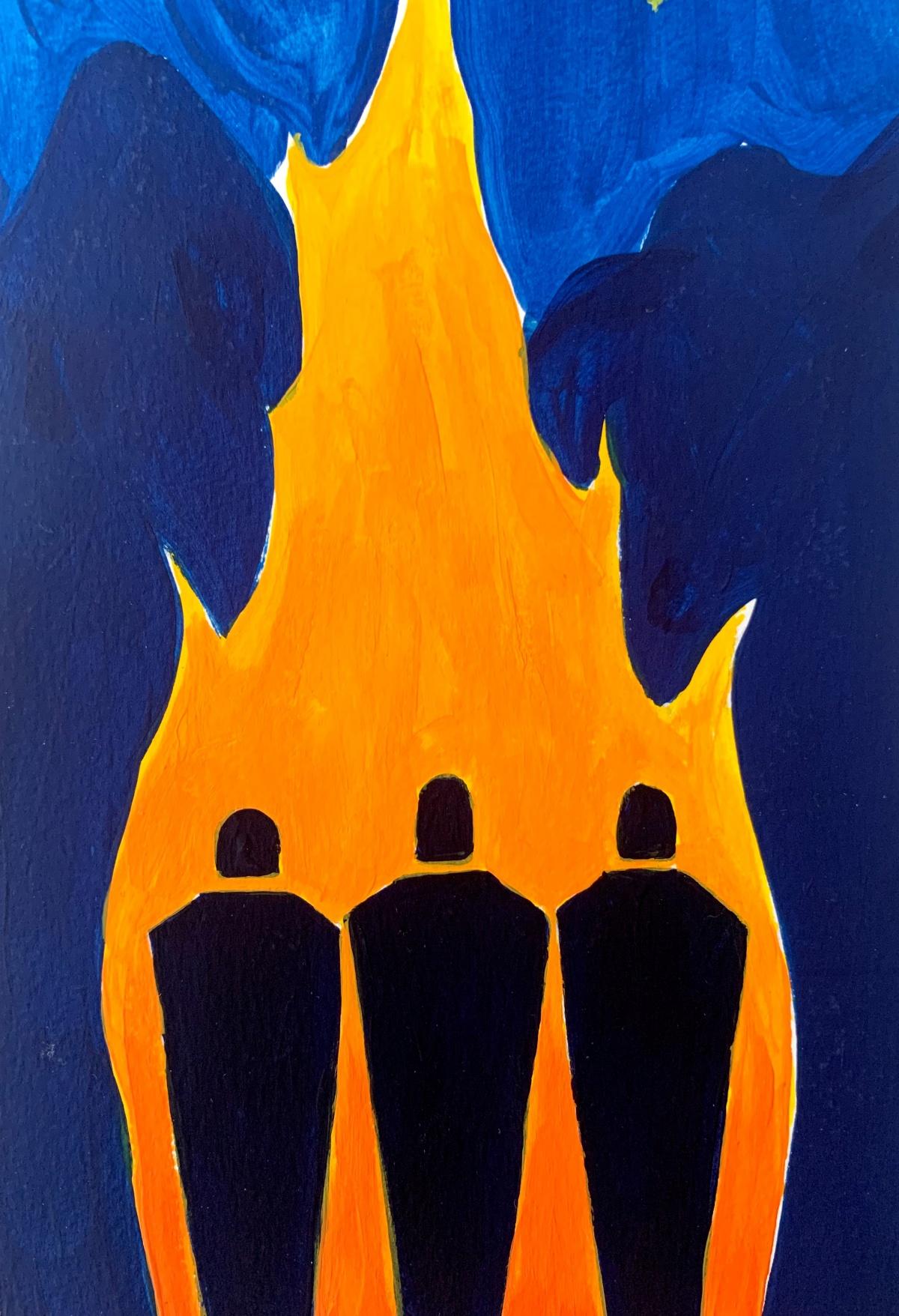 Fire - Figurative Painting on Paper, Minimalist, Colorful, Vibrant - Blue Abstract Painting by Waleria Matelska