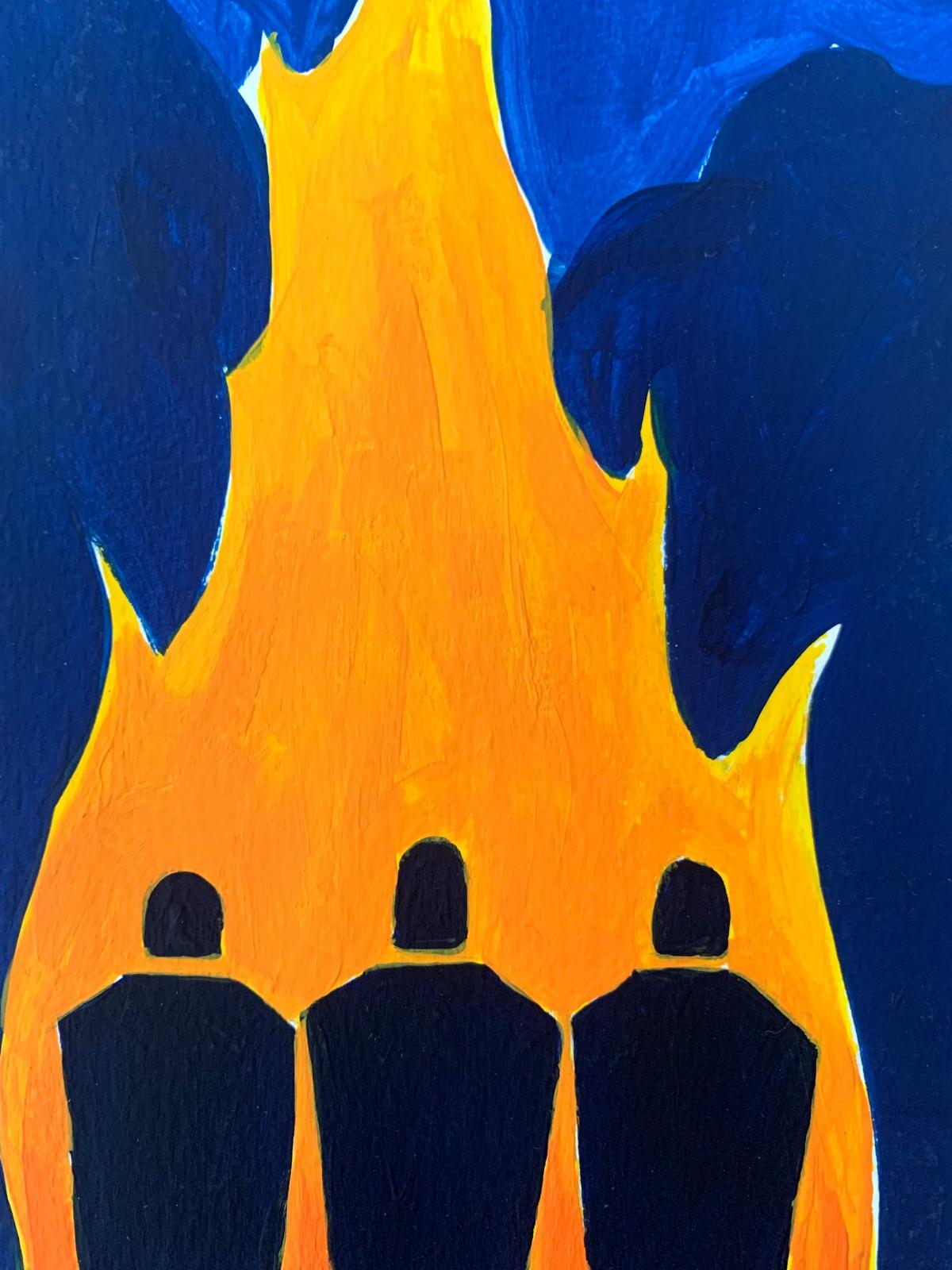 Fire - Figurative Painting on Paper, Minimalist, Colorful, Vibrant For Sale 1