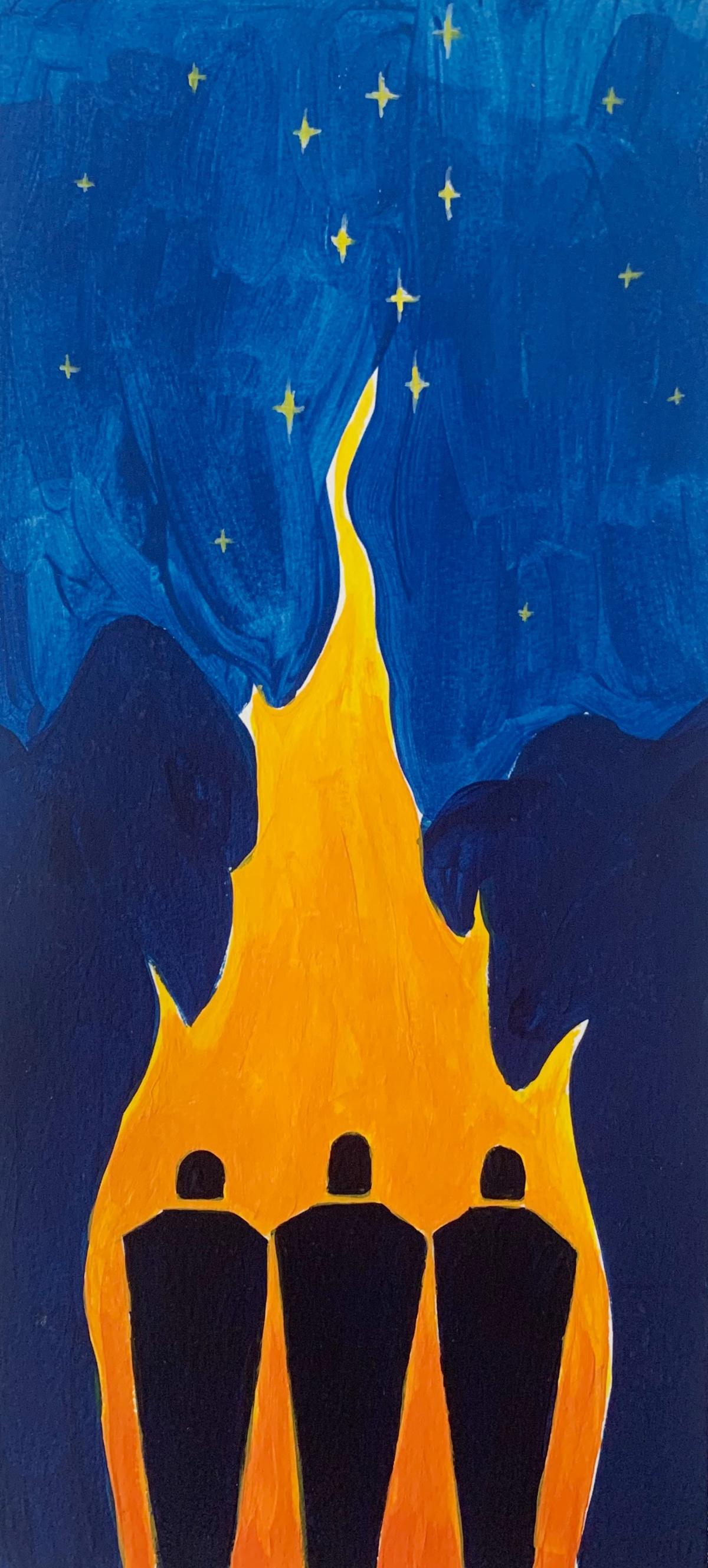 Waleria Matelska Abstract Painting - Fire - Figurative Painting on Paper, Minimalist, Colorful, Vibrant