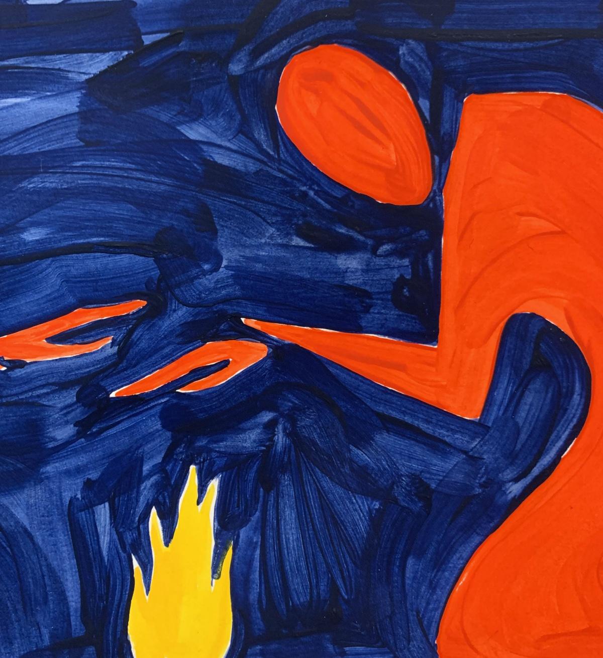 Fire - Figurative Painting on Paper, Young art Minimalism, Vibrant  For Sale 1