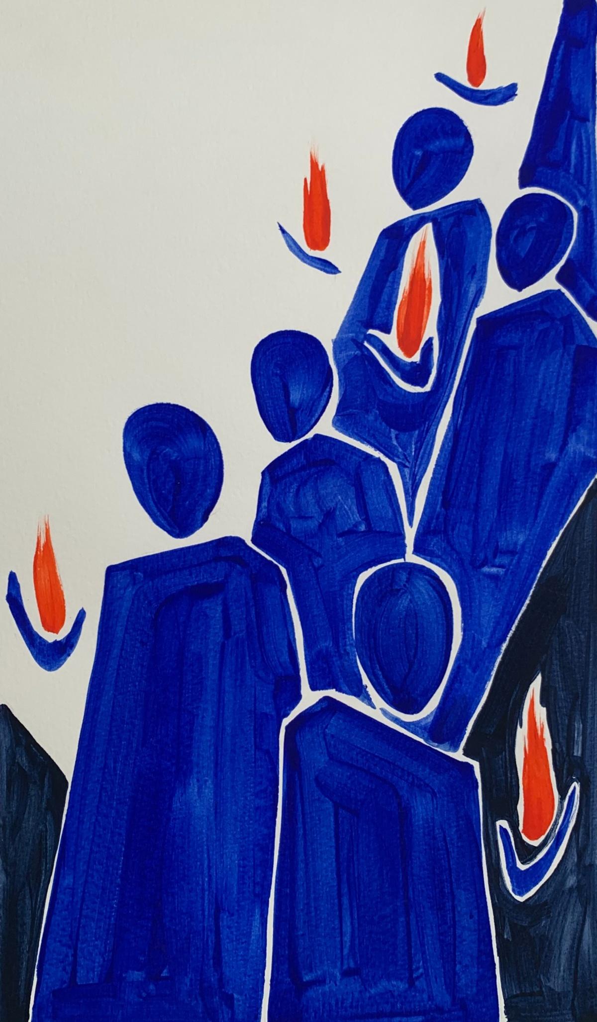 Flames - Figurative Painting on Paper, Minimalist, Colorful, Vibrant