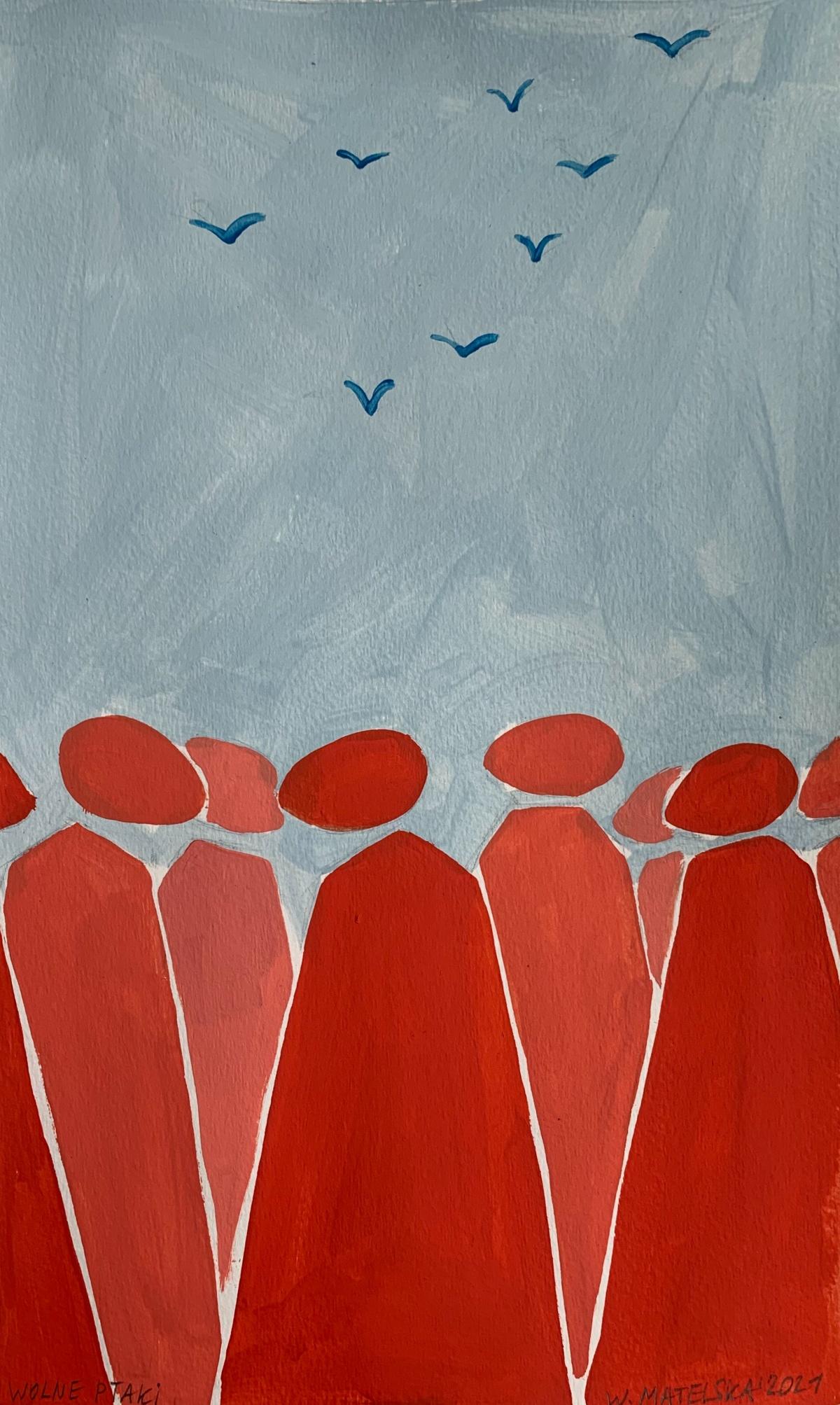 Figurative acrylic on paper painting by young professional European artist Waleria Matelska. Artwork is minimalistic and composed with synthetic shapes. Painting is vibrant- main colors are blue and red. There are many figures with birds above