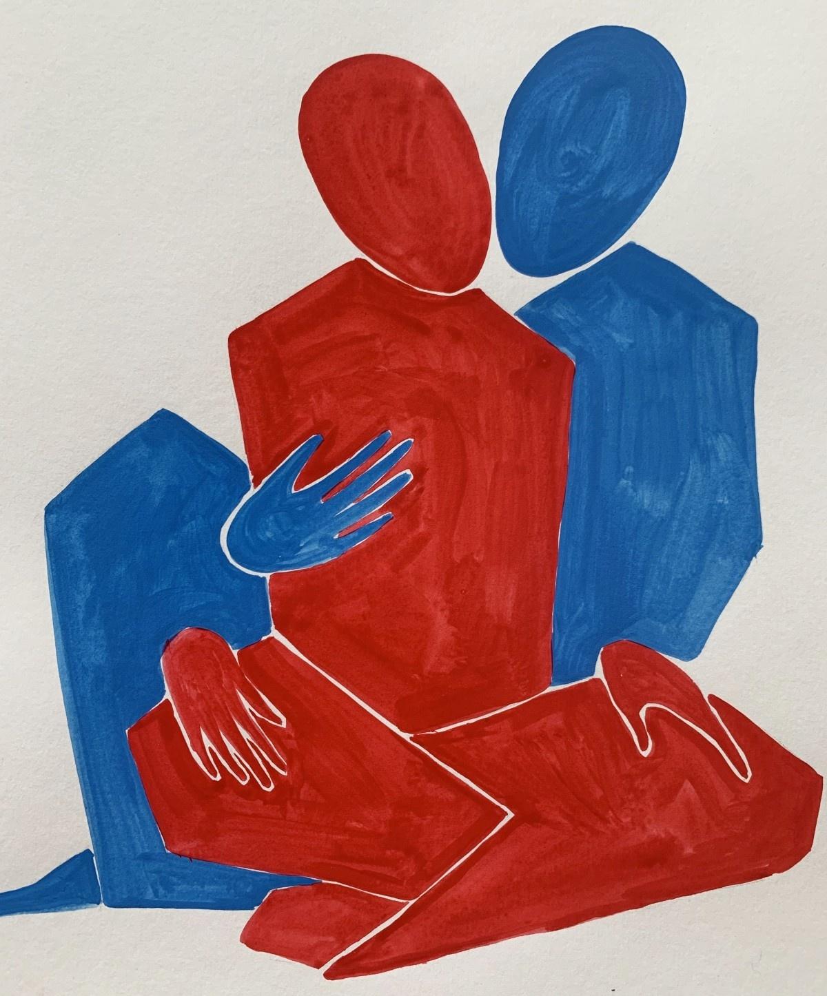 En el abrazo 12. Pintura figurativa sobre papel, Arte joven, Vibrante, Arte europeo - Painting de Waleria Matelska