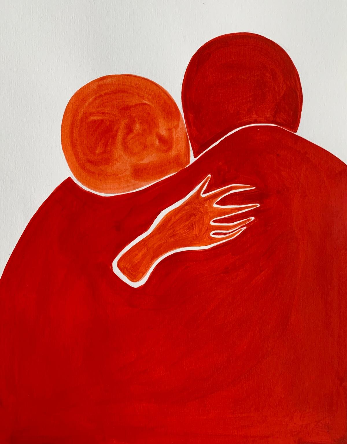 Figurative acrylic on paper painting by young professional European artist Waleria Matelska. Artwork is minimalist and composed with synthesized shapes. Painting is vibrant red. Composition depicts of two figures of which one is hugging another. 