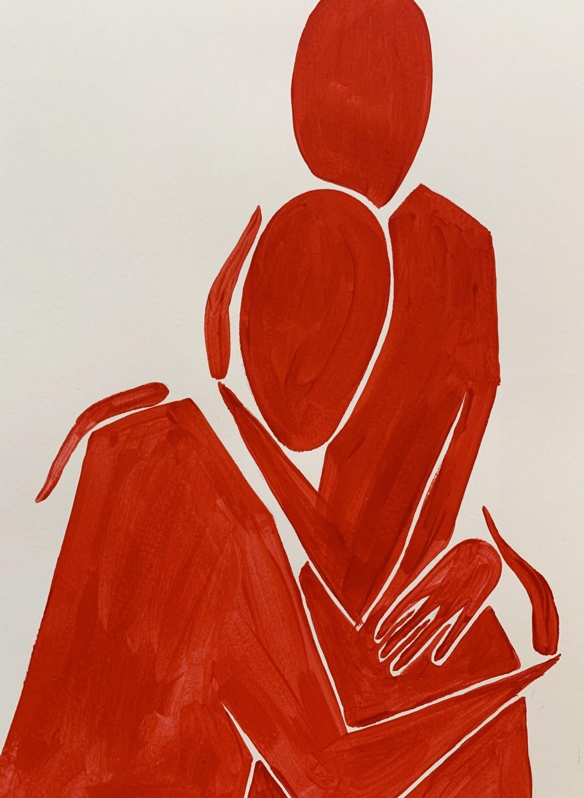 In embrace - Figurative acrylic painting, Minimalist, Emerging artist - Red Figurative Painting by Waleria Matelska