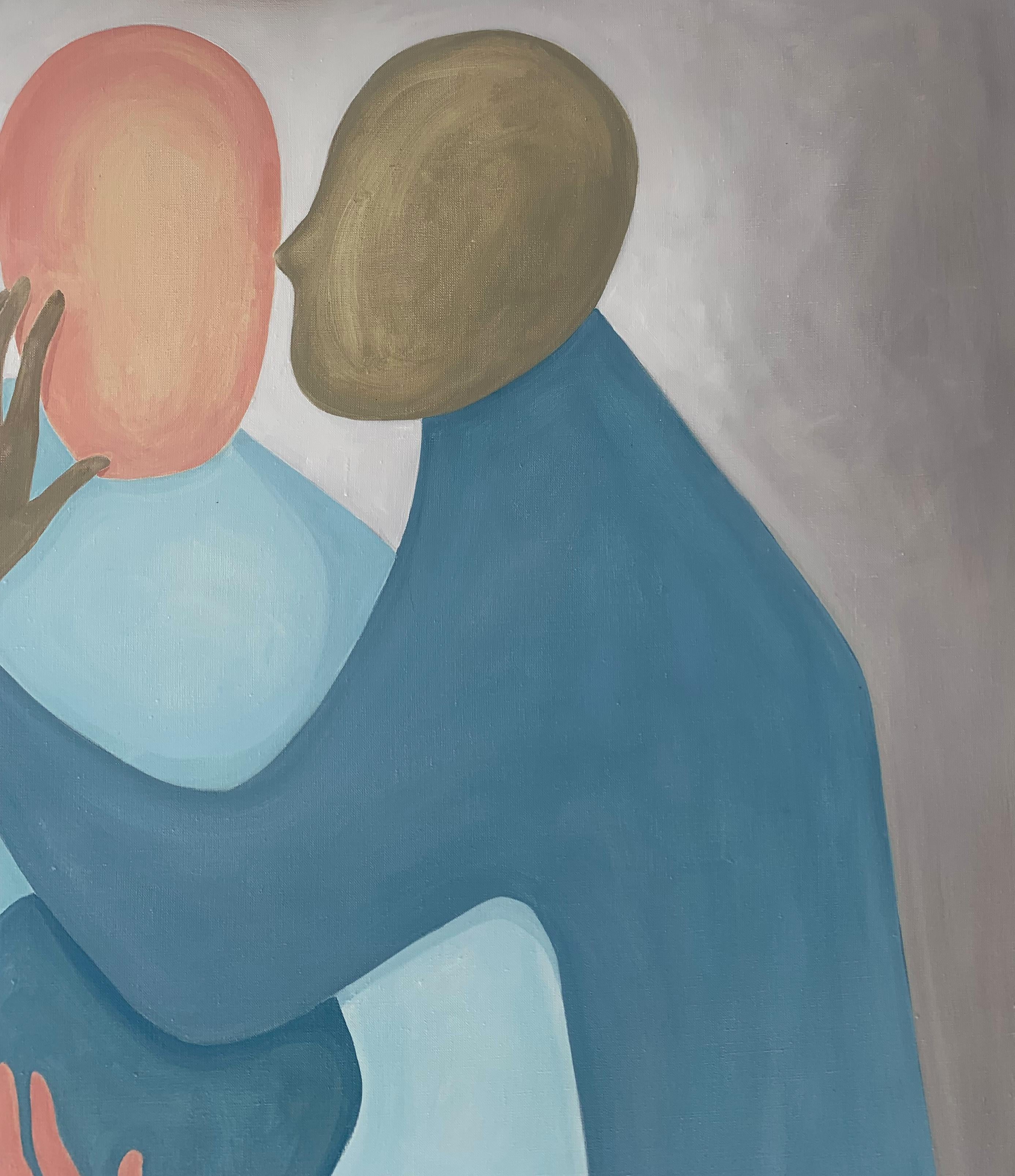 En un abrazo. Óleo figurativo, Romántico, Arte joven, Artista europeo - Figurative Painting Gris de Waleria Matelska
