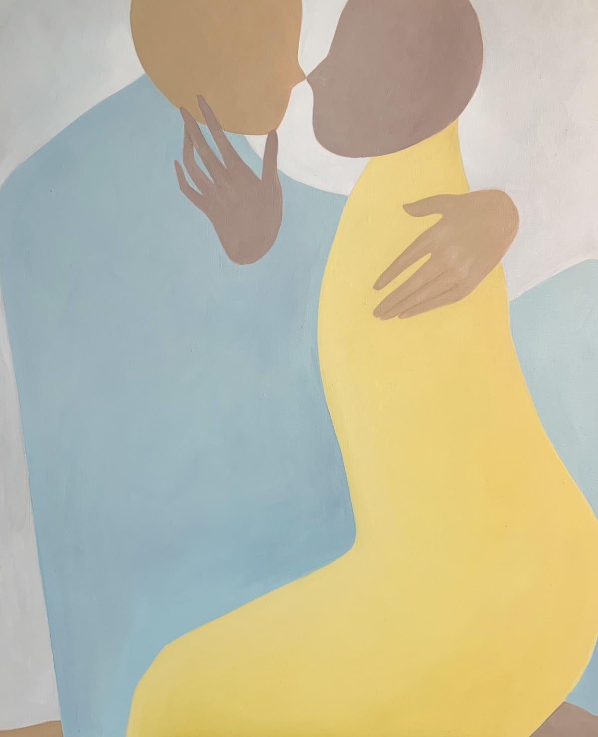En un abrazo. Pintura figurativa al óleo, Arte joven, Artista europeo - Figurative Painting Gris de Waleria Matelska