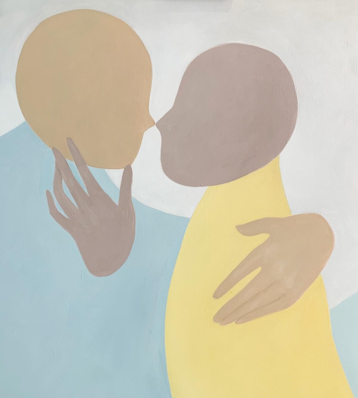 Pintura figurativa al óleo sobre lienzo de la joven artista profesional europea Waleria Matelska. Las ilustraciones son minimalistas y compuestas con formas sintetizadas. La pintura es a la vez vibrante y pastel. La composición representa a dos