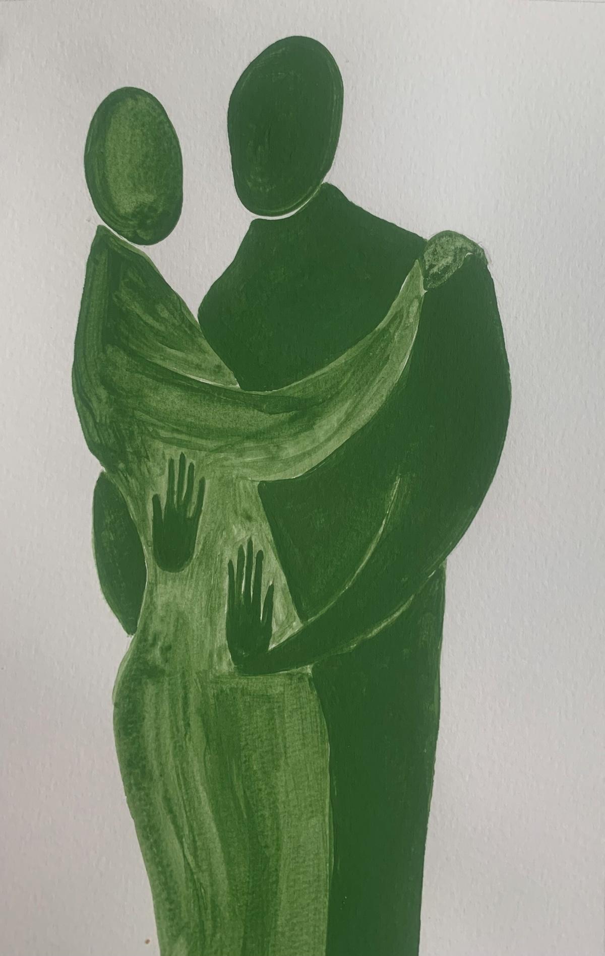 En un abrazo. Pintura figurativa sobre papel, Arte joven, Vibrante, Arte europeo - Figurative Painting Gris de Waleria Matelska