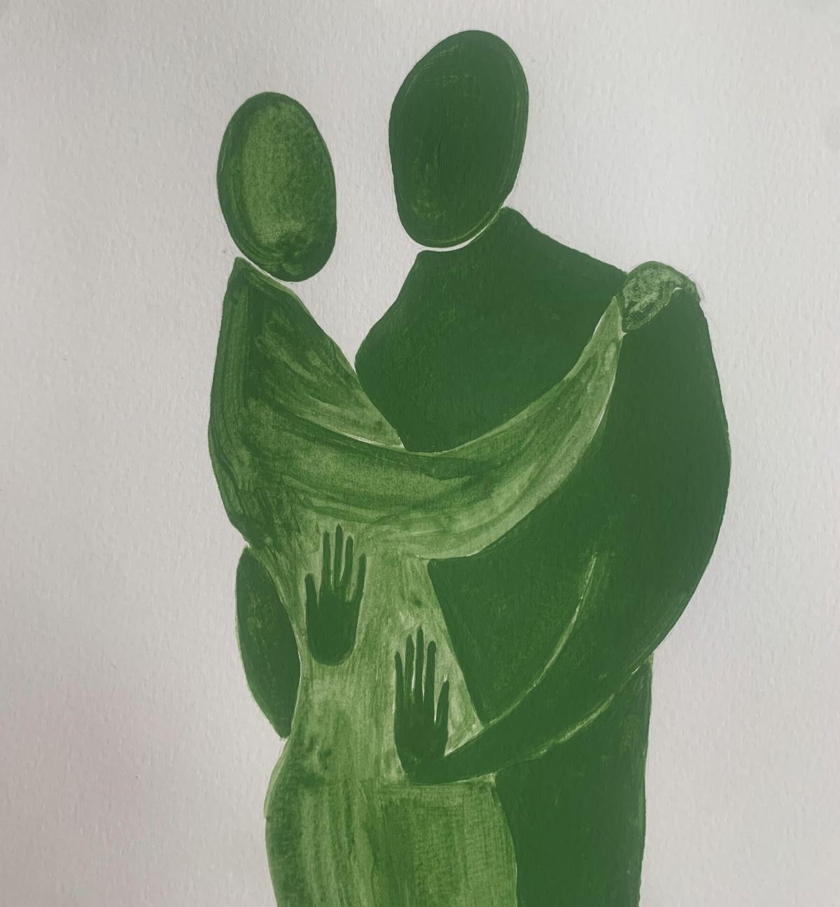 Pintura figurativa en acrílico sobre papel de la joven artista profesional europea Waleria Matelska. Las ilustraciones son minimalistas y compuestas con formas sintetizadas. La pintura es verde. La composición representa a dos figuras en un tierno