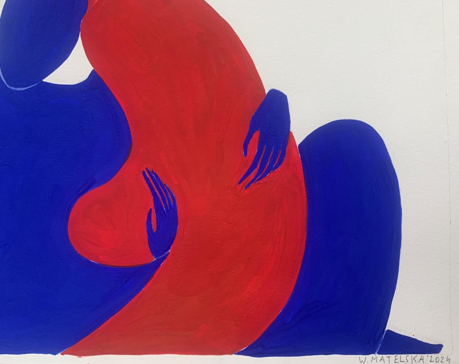 Pintura figurativa al gouache sobre papel de la joven artista profesional europea Waleria Matelska. Las ilustraciones son minimalistas y compuestas con formas sintetizadas. La pintura es de color rojo y azul vibrantes. La composición representa a