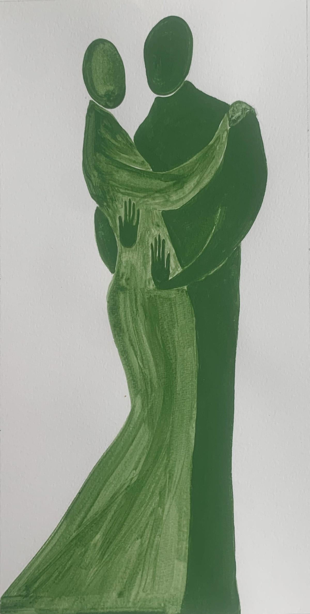 Figurative Painting de Waleria Matelska - En un abrazo. Pintura figurativa sobre papel, Arte joven, Vibrante, Arte europeo