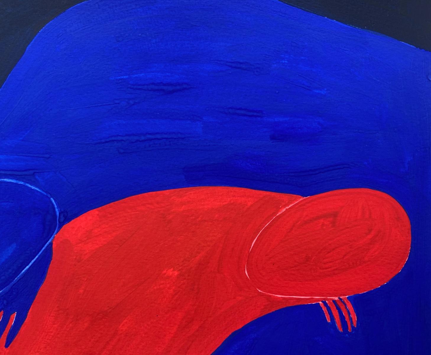 Pintura figurativa al gouache y acrílico sobre papel de la joven artista profesional europea Waleria Matelska. Las ilustraciones son minimalistas y compuestas con formas sintetizadas. La pintura es de color rojo y azul vibrantes. La composición es