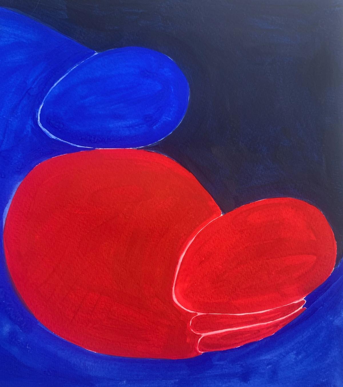 Pintura figurativa al gouache y acrílico sobre papel de la joven artista profesional europea Waleria Matelska. Las ilustraciones son minimalistas y compuestas con formas sintetizadas. La pintura es de color rojo y azul vibrantes. La composición es